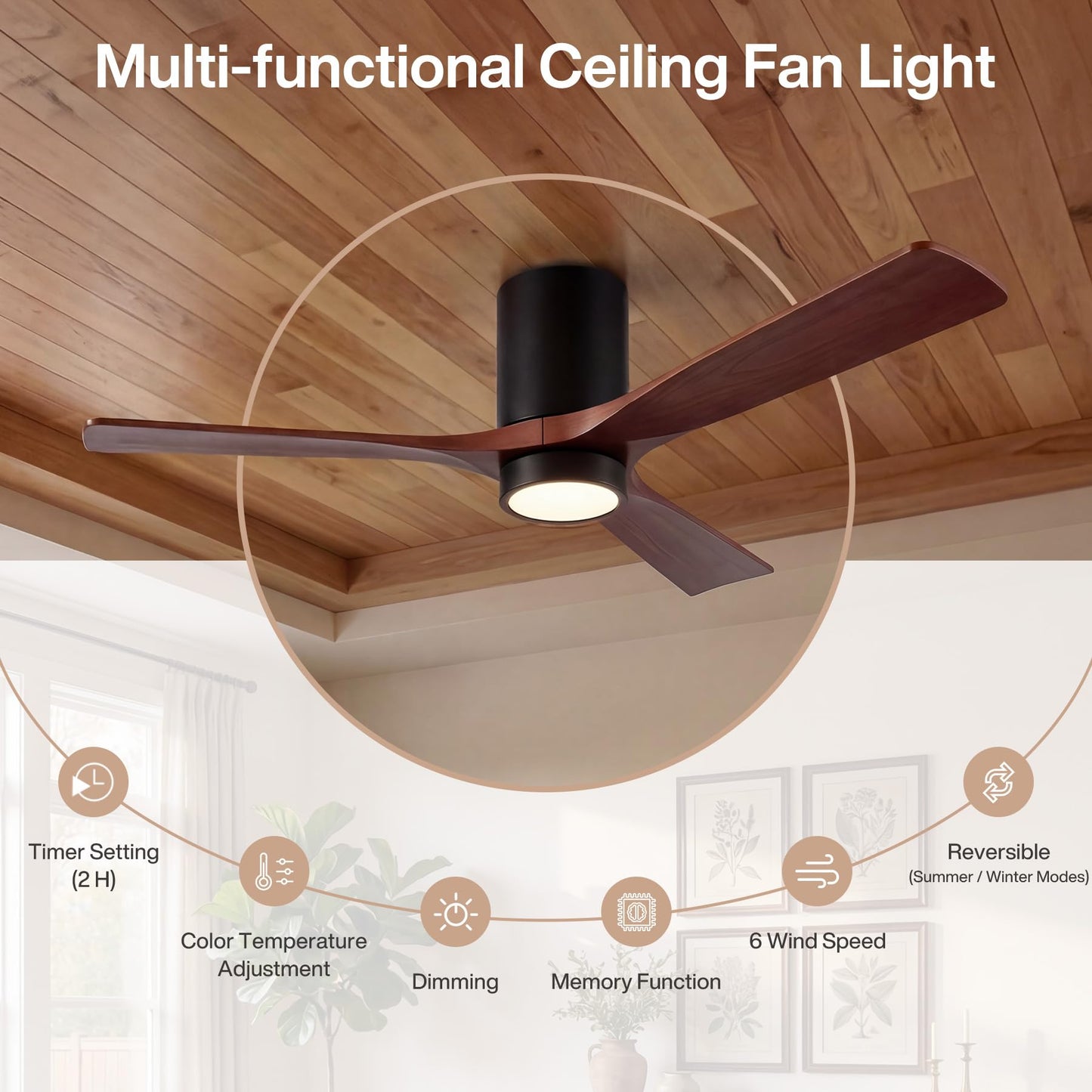 Tribesigns 52 inch Ceiling Fans with Lights, Low Profile Ceiling Fan with Remote Control, 3 Solid Wood Blades, Reversible, 3CCT, Dimmable, Flush Mount