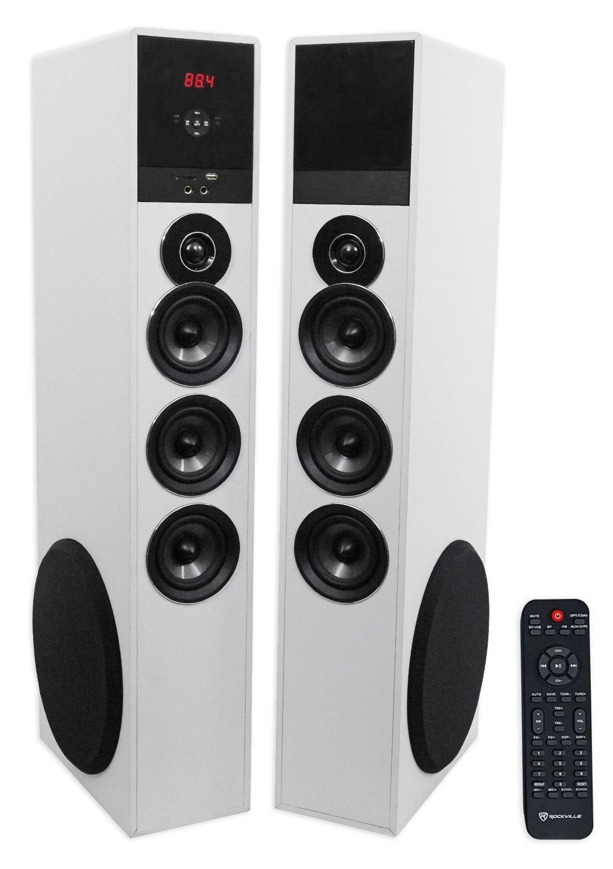 Rockville TM150W Powered Home Theater Tower Speaker System, White, 1000W, 10" Subwoofers, Bluetooth, USB/SD Playback, FM Radio, Remote Control