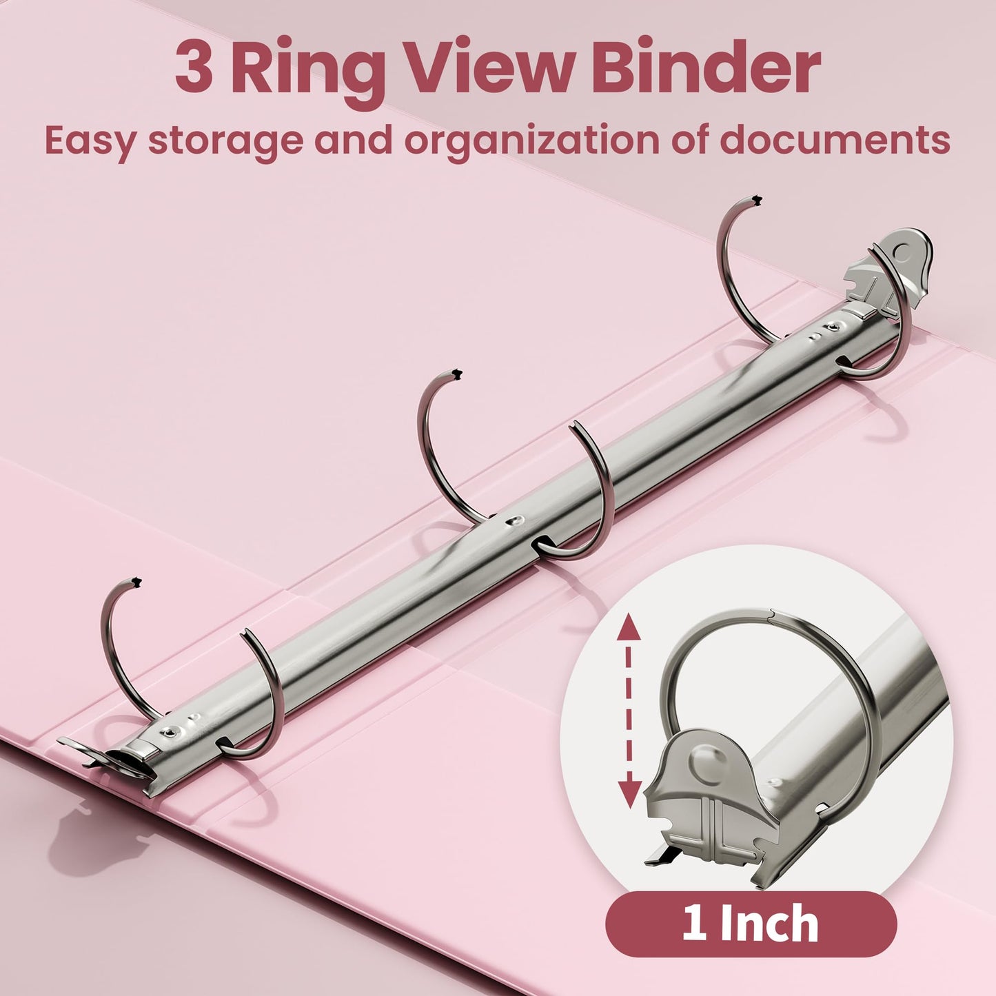 SUNEE 3 Ring Binder 1 Inch Pink 1 Pack, Holds 175 Sheets of Letter Paper, Clear View 1" Three Ring PVC-Free (Fit 8.5x11 Inches) for School or Office