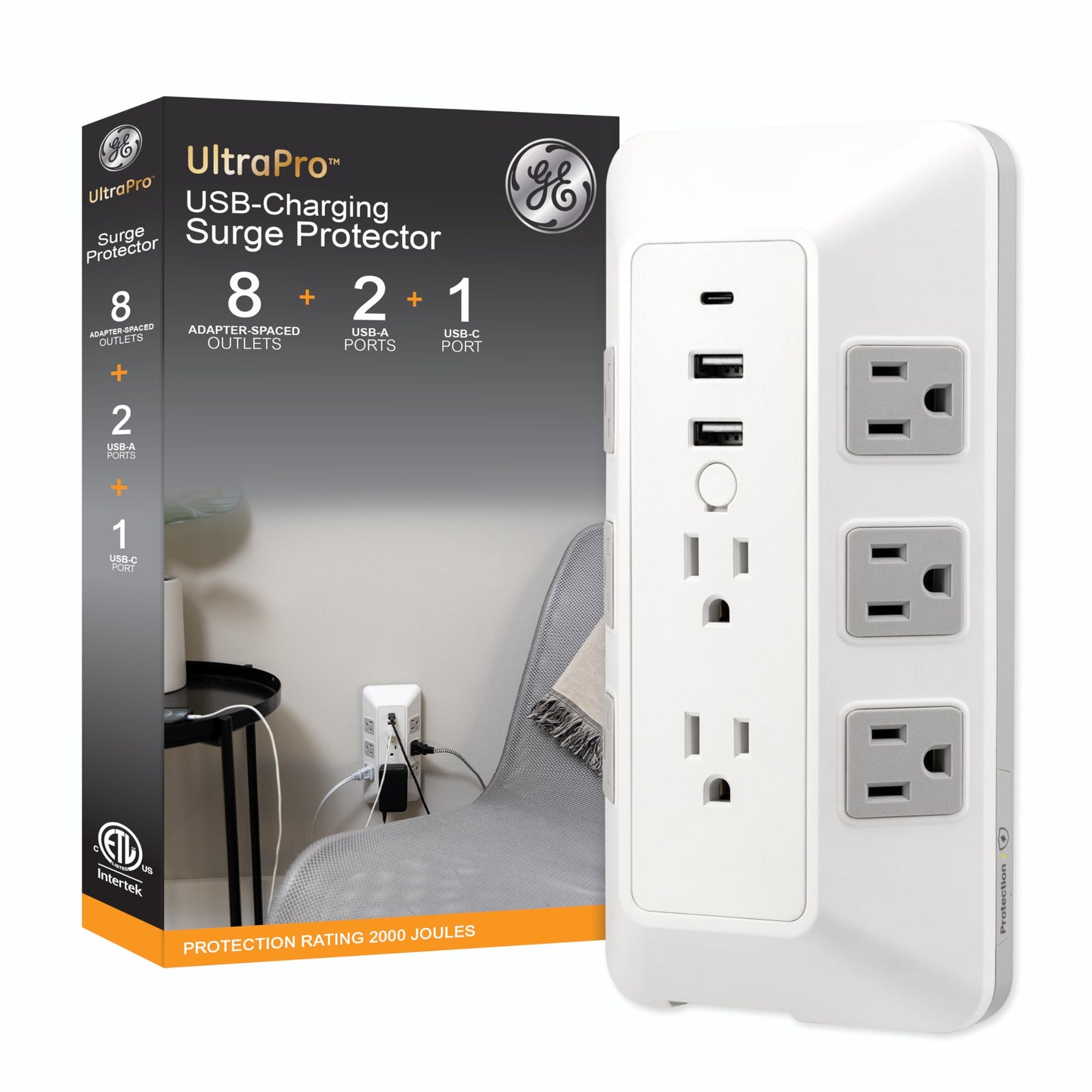 GE 8-Outlet Surge Protector with USB, Outlet Extender, 2 USB-A, 1 USB-C, Adapter Spaced, Multi Plug, Charging Station, for Home School and Office