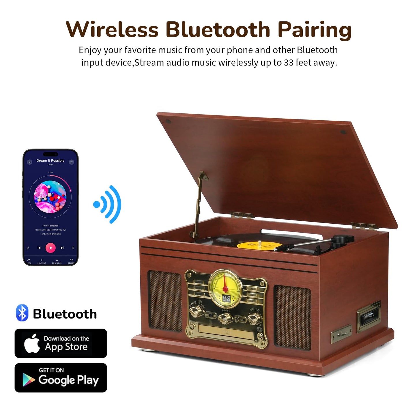 FEKTIK Bluetooth Record Player 10 in 1, 3-Speed Turntable for Vinyl with Speakers, LP to MP3 Converter, CD, Cassette Player, FM Radio, Wireless