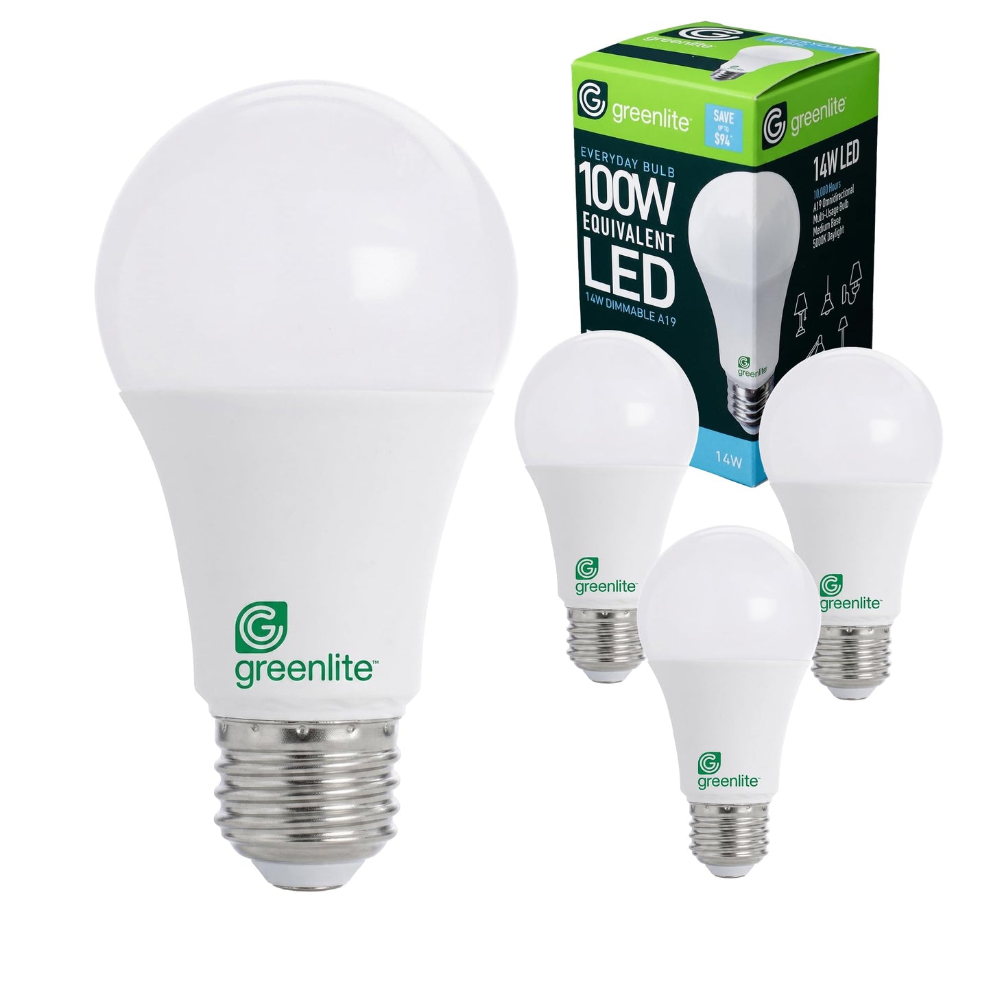Greenlite A19 LED Bulbs, 14W (100 W Equiv.), 3000K, 1500 Lumens, 4 Pack