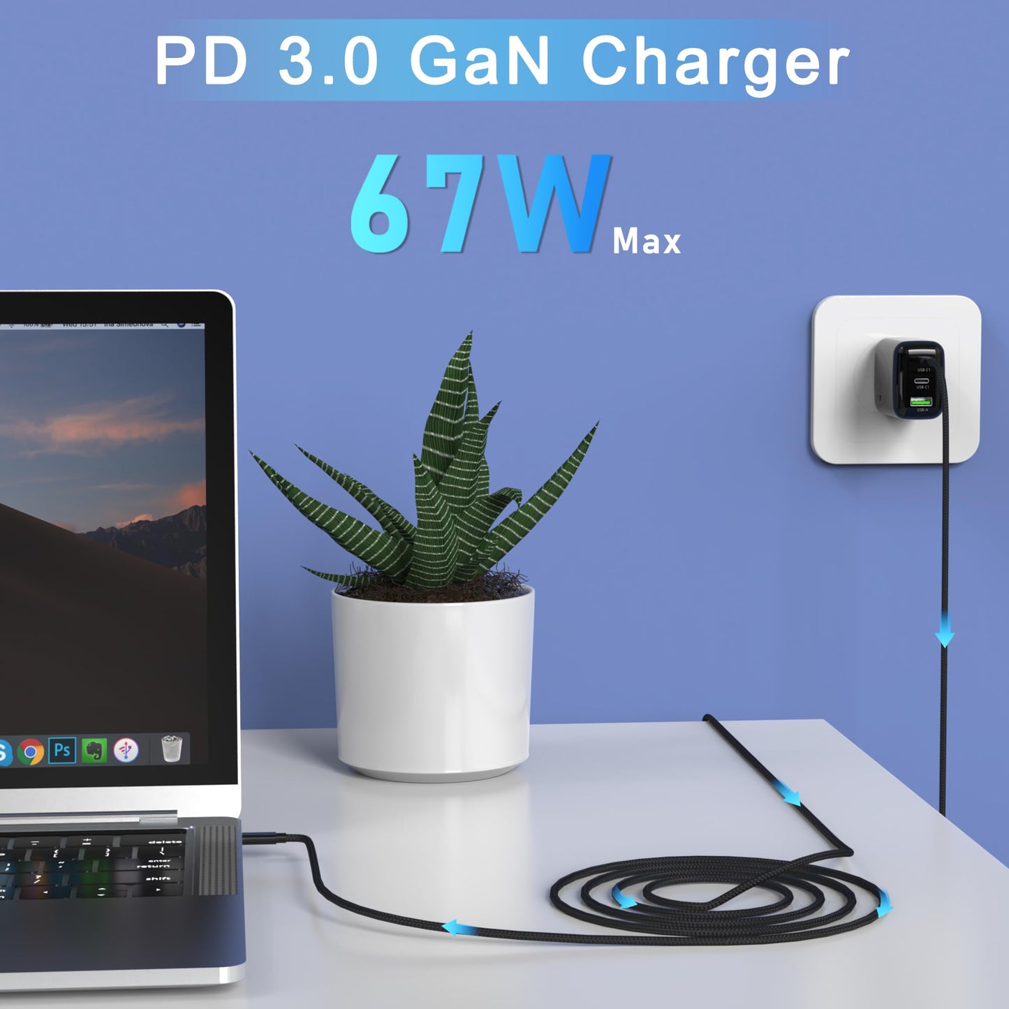 QIOUZW 67W USB C Wall Charger, 3-Port GaN Fast Charger Block,Replacement for MacBook Pro/Air, iPad, iPhone 15/14/Pro, Galaxy, Pixel, Apple Watch