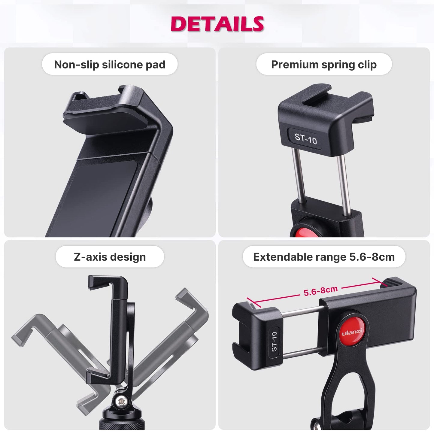 ULANZI Metal Phone Tripod Mount ST-10, Universal 360° Smartphone Adapter with 2 Cold Shoe Mount, Adjustable Cell Phone Clamp Stand Holder, Compatible