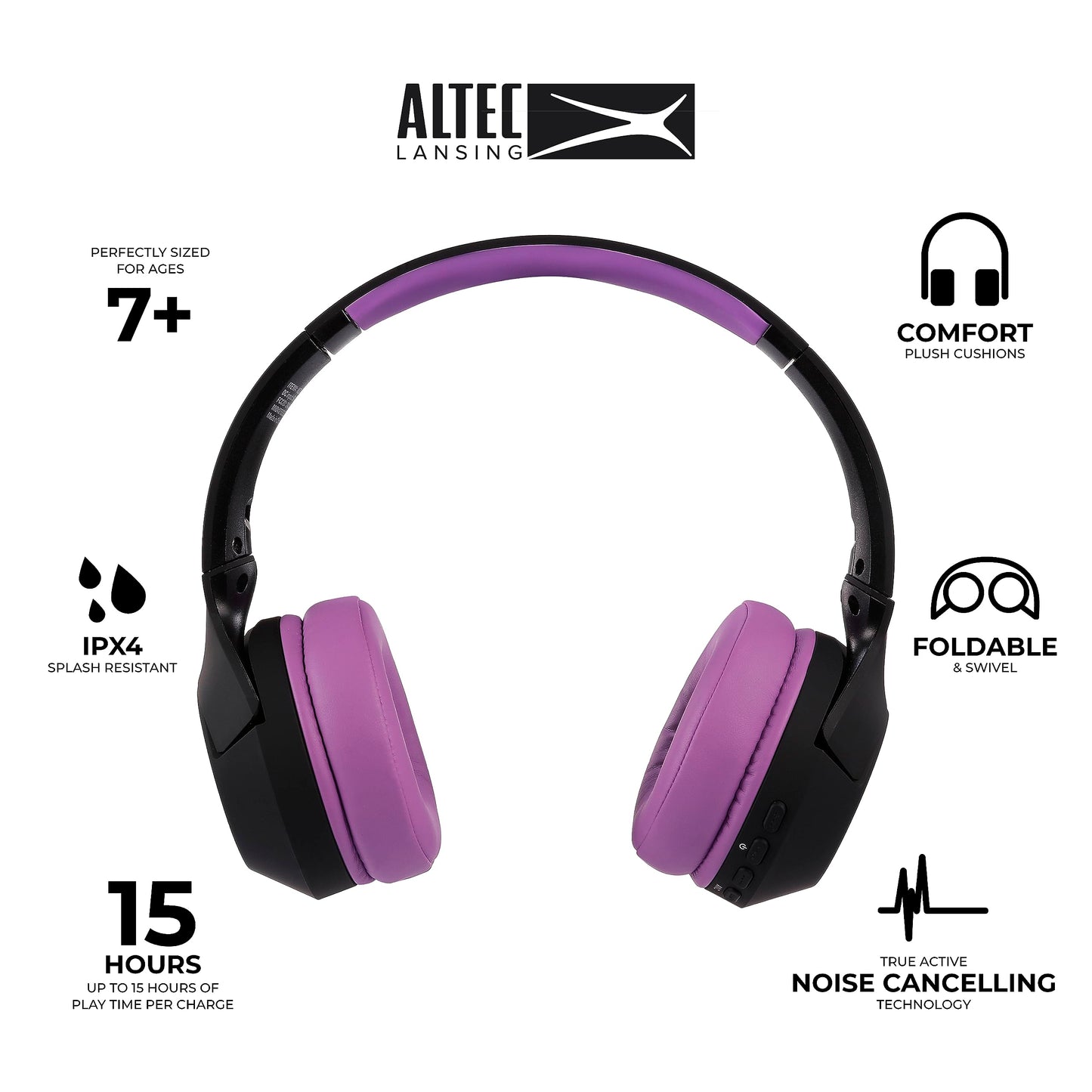 Altec Lansing Kid Safe Noise Cancelling Wireless Headphones 15H Battery, 85dB Volume Limit, Foldable Design Powerful Sound, Active Noise Cancellation