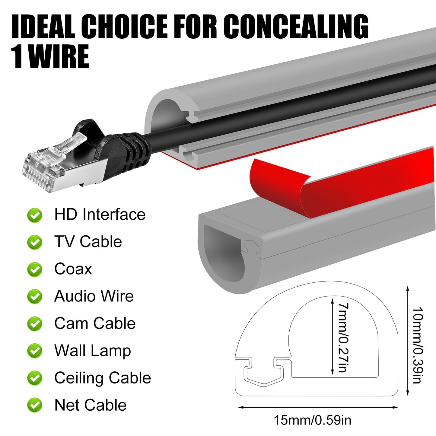 Self-Adhesive Cable Hider, Flexible Wire Cover Cable Raceway for Wires, Wall Mount TV, Home Audio, Network, Power, and Phone Line Managemen (Gray