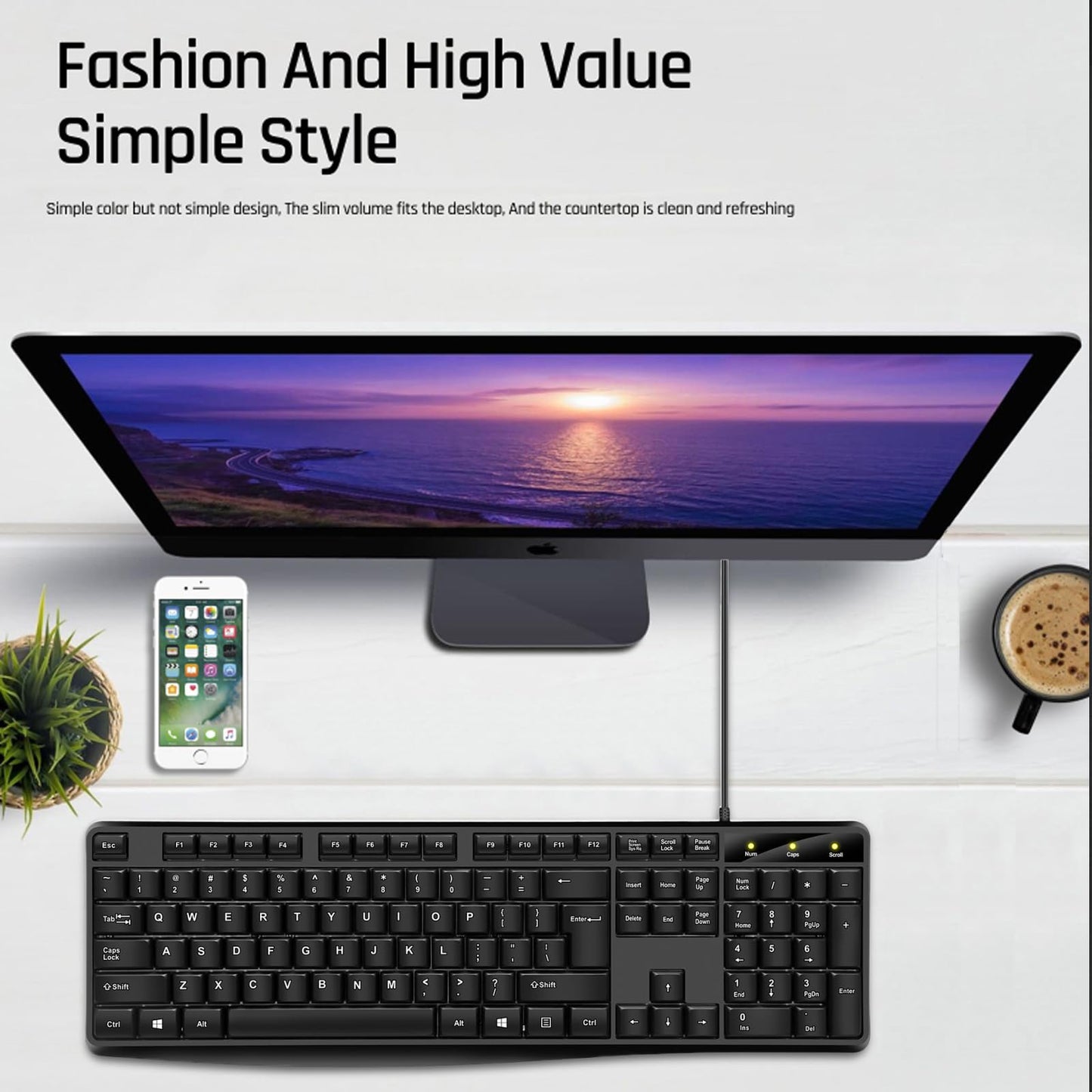 Wired Computer Keyboard, Plug Play USB, Large Number Pad, LED Indicators?Ergonomic, Foldable Stands,Anti-Wear Letters Full Size Keyboard,for Windows