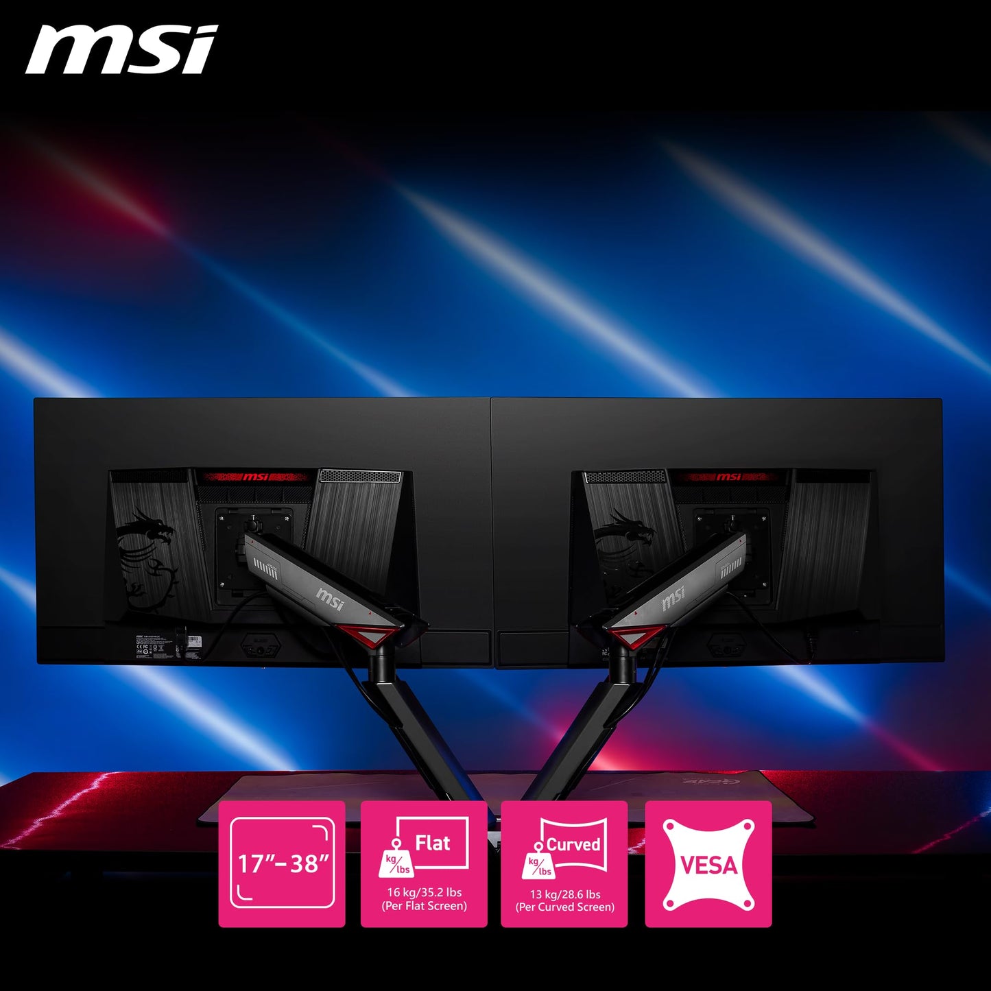 MSI MPG MT161DR - Premium RGB Dual Monitor Stand Arms, 17-38" Support, VESA Compatible, Adjustable Spring Assisted Mount, 35.2 lbs per Screen
