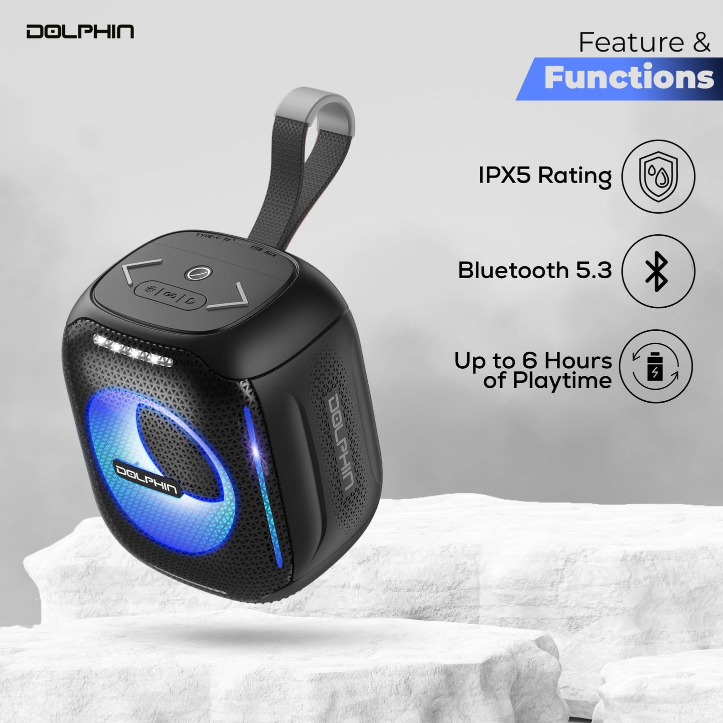 Dolphin S10 Water Resistant Portable Bluetooth Speaker with LED Lights, 5W Output, IPX5, 6-Hour Playtime, Compact Design, for Outdoor, Travel, Beach