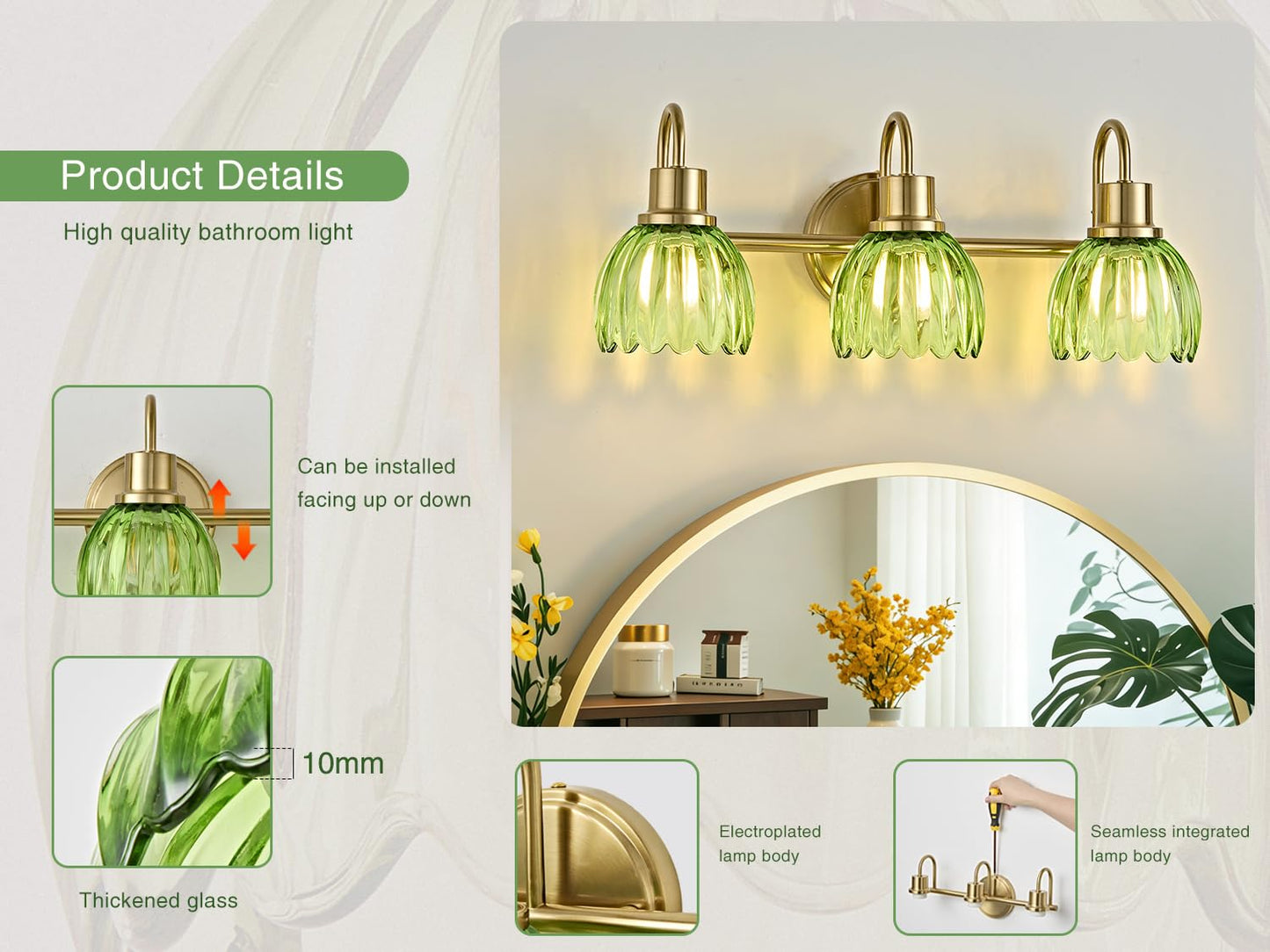Oktownn Gold Bathroom Light Fixtures, 20 Inch Vintage Vanity Lights for Bathroom, 3-Light Modern Vanity Lights with Ribbed Green Tulip Glass Shade