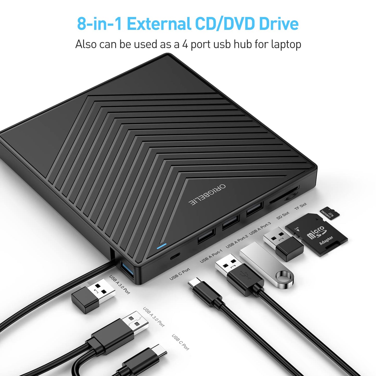 ORIGBELIE External CD DVD Drive, Ultra Slim CD Burner USB 3.0 with 4 USB Ports and 2 TF/SD Card Slots, Optical Disk Drive for Laptop Mac, PC Windows