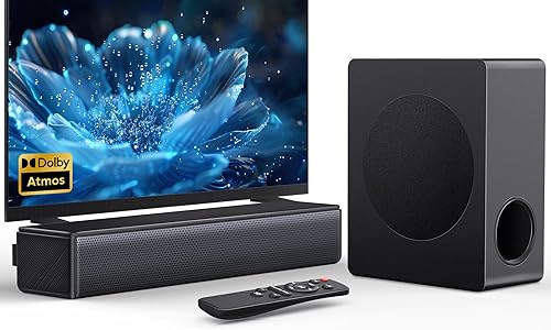 GEOYEAO Sound bar with subwoofer, 200W 2.1 ch soundbar w/Dolby Atmos Surround Sound System, 3D Bass Adjustable Home Theater Bluetooth TV Speaker