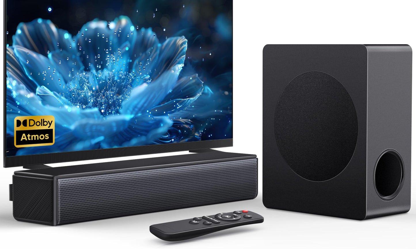 GEOYEAO Sound bar with subwoofer, 200W 2.1 ch soundbar w/Dolby Atmos Surround Sound System, 3D Bass Adjustable Home Theater Bluetooth TV Speaker