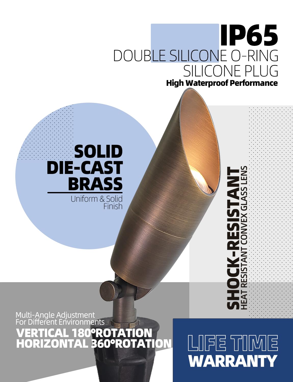 MALORY Solid Brass Landscape Spotlight 1-Pack with Bulb(S06), Low Voltage Front and Backyard Landscape Lighting with Large Rugged Slot Spike & Wire