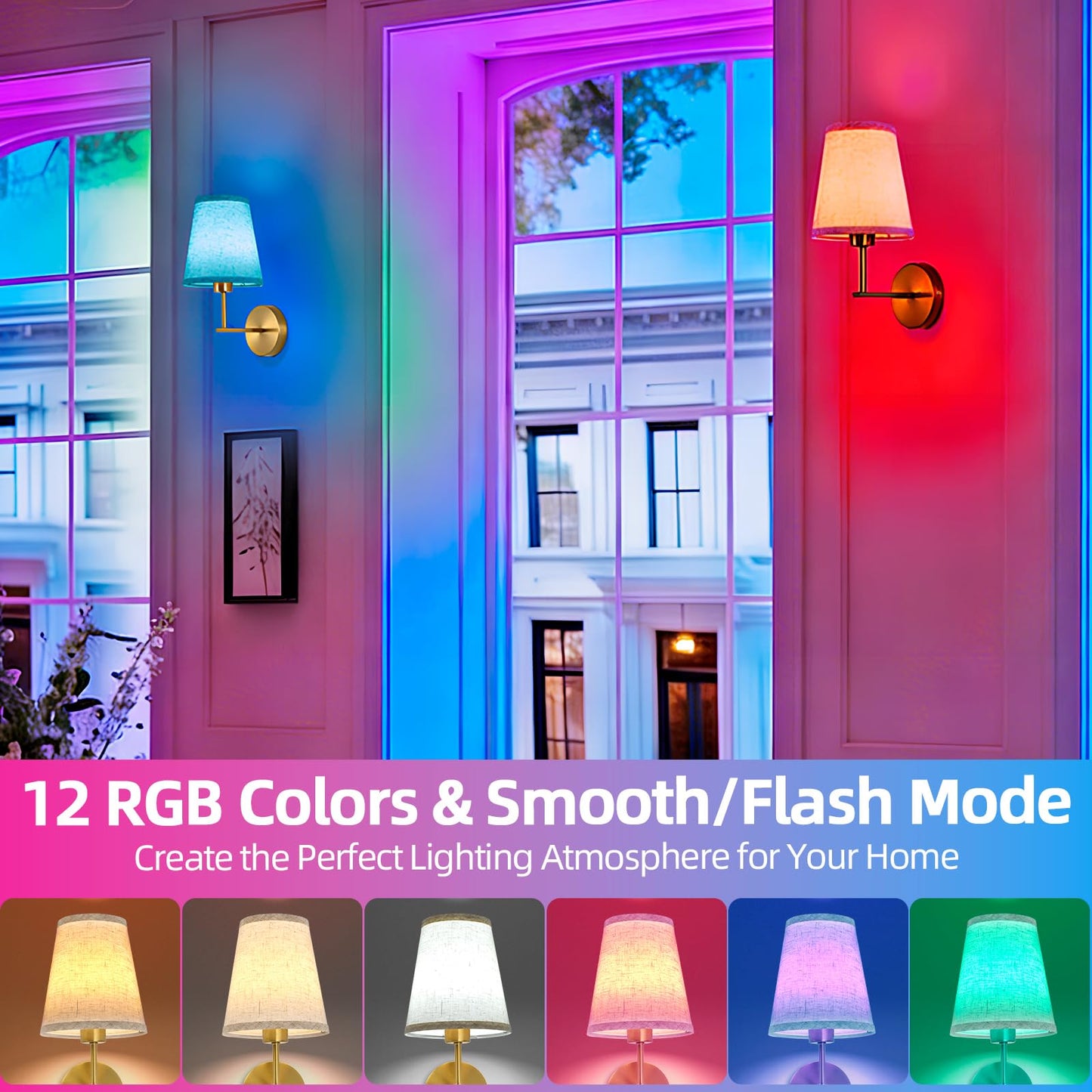 Battery Operated Wall Sconces Set of Two, Dimmable Rechargeable Battery Wall Light with RGB Bulb, Rechargeable Wall Mounted Sconce Lamp with Remote