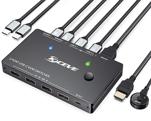 USB C KVM Switch 4K@60Hz, USB C Switch for 2 Laptops Share 1 Monitor and 4 USB Peripherals, Thunderbolt 3 Compatible, 100W PD, Wired Remote and USB-C