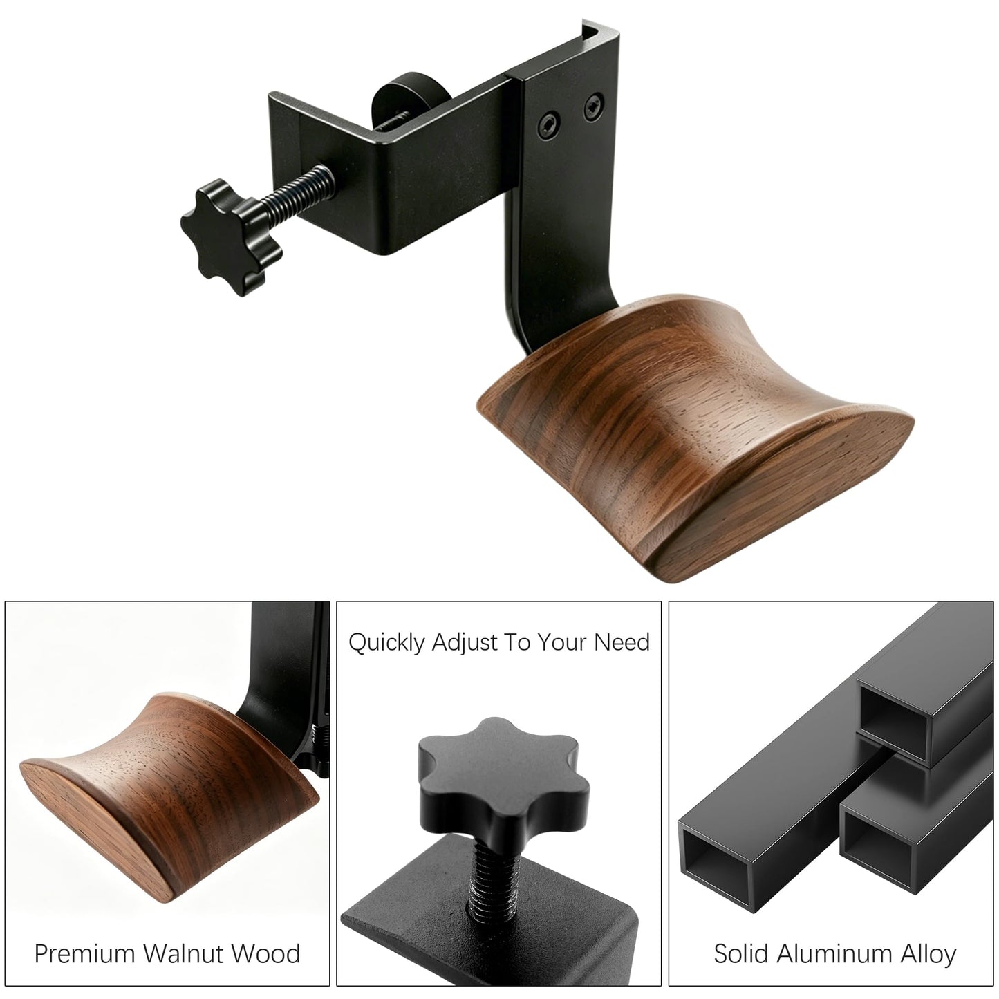 Miruchertter Headphone Holder Walnut Wood & Solid Metal Headset Hanger Stand for Desk Adjustable Design Ideal Headphone Stand for All Headphone Sizes