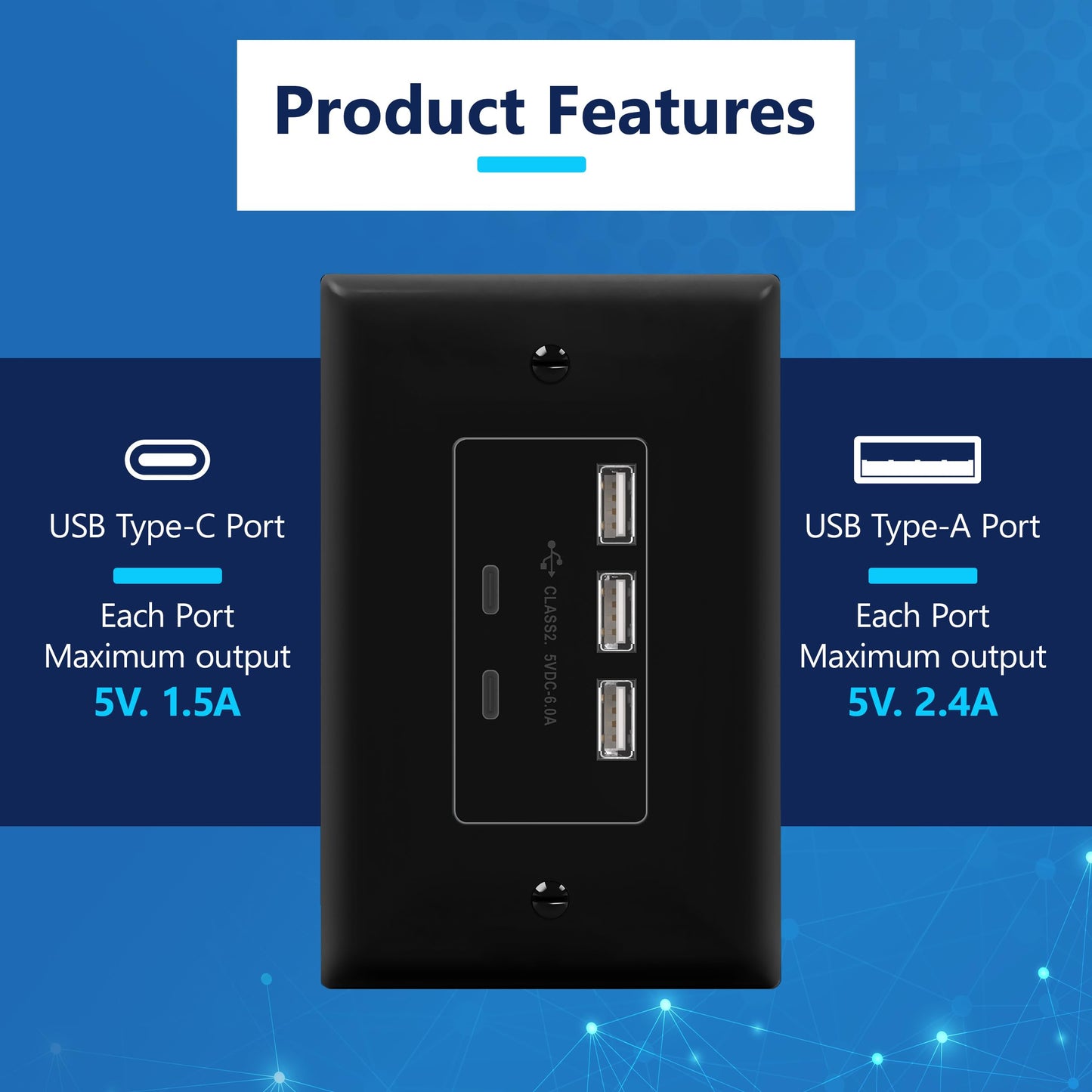 LIDER 6.0A 30W USB A&C in-Wall Charger, 3 USB Type-A and 2 USB Type-C Charging Ports, Interchangeable Face Cover, Modern Upgrade, Wall Plate Included
