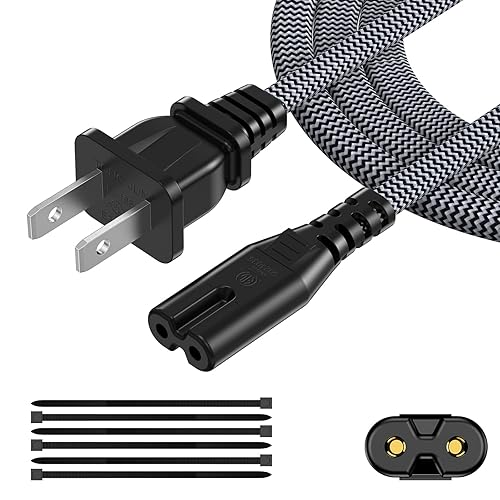 AC Power Cord 20FT (1 Pack), 2 Prong TV Power Cord, Nylon Braid Cable Replacement for Xbox One, PS3, PS4, PS5, Compatible for Printer, Monitor, Sound