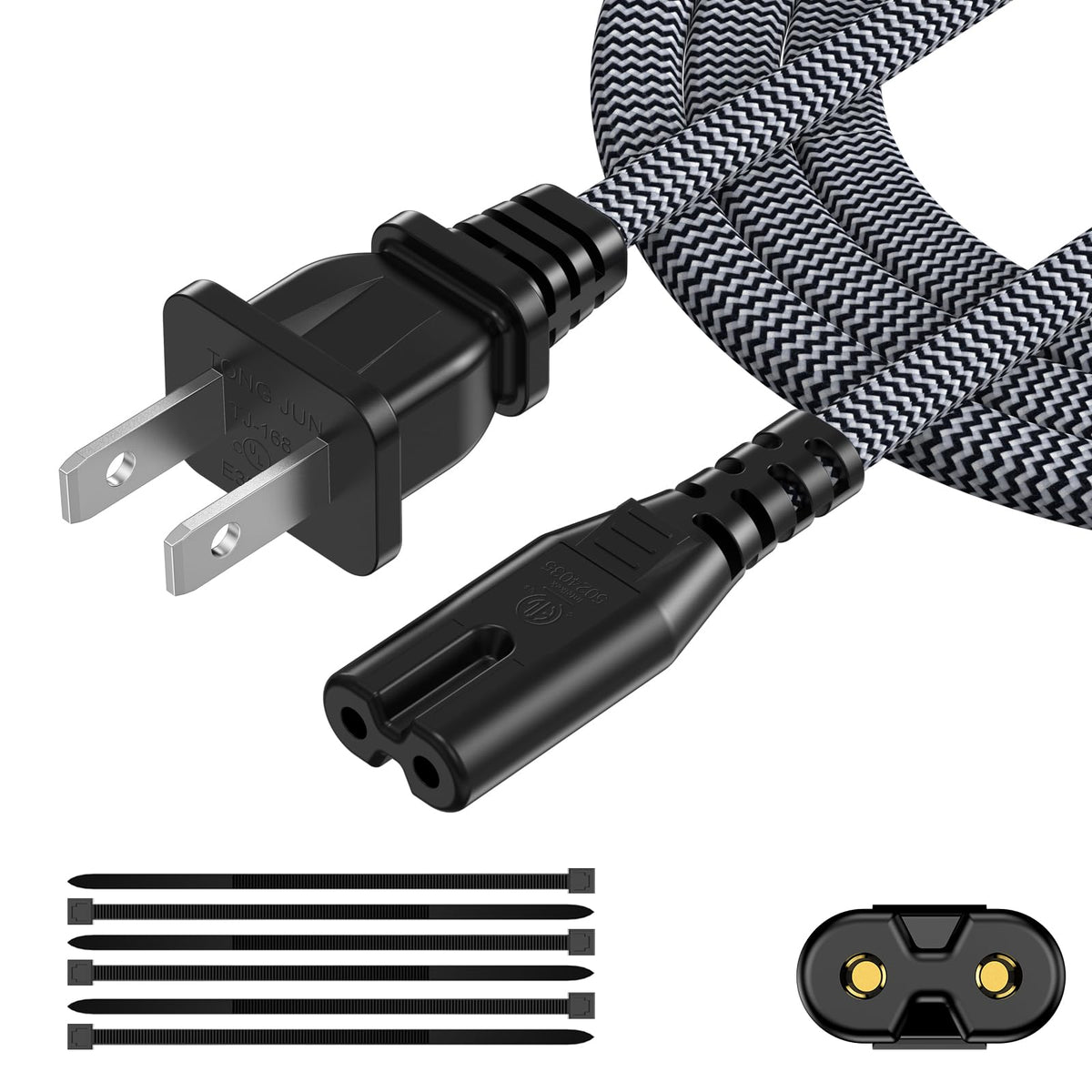 AC Power Cord 20FT (1 Pack), 2 Prong TV Power Cord, Nylon Braid Cable Replacement for Xbox One, PS3, PS4, PS5, Compatible for Printer, Monitor, Sound