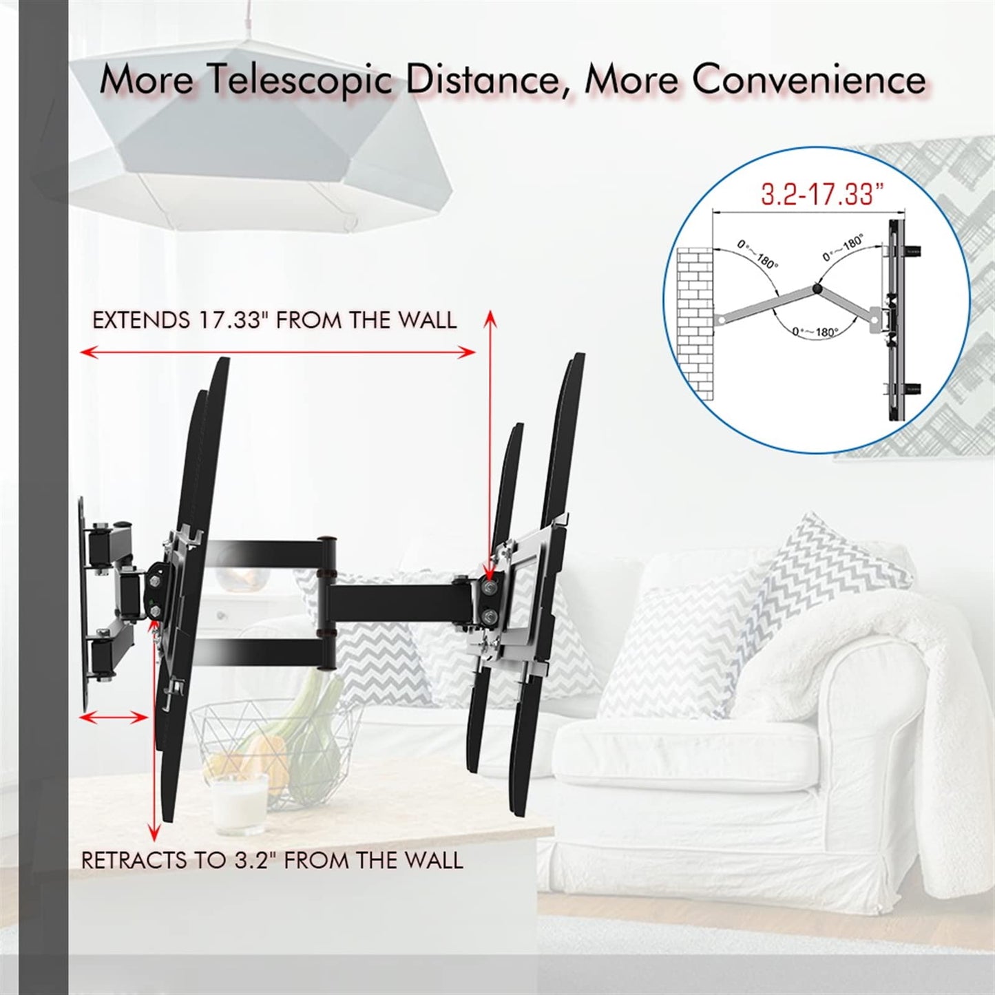 Full Motion TV Wall Mount - Swivel and Tilt 10~10° for Most 32-65 Inch Flat Screen TV - Articulating Tilt 3 Arms - Double Pendulum Large Base TV Stand