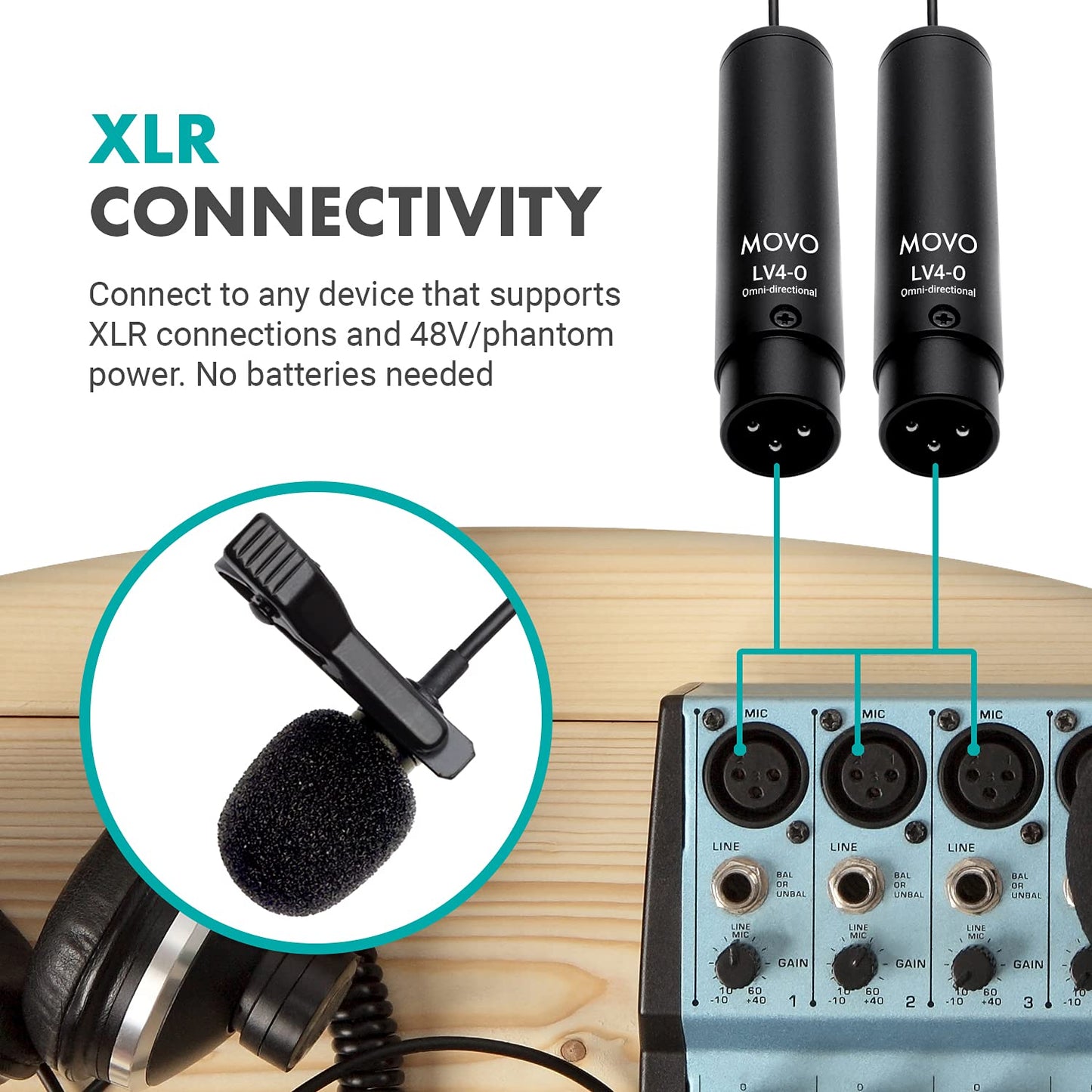 Movo LV4-O2 XLR Phantom Power Omnidirectional Lavalier Microphone Set, with Lapel Mic Clips and Windscreens - Perfect Lapel Microphone for Video