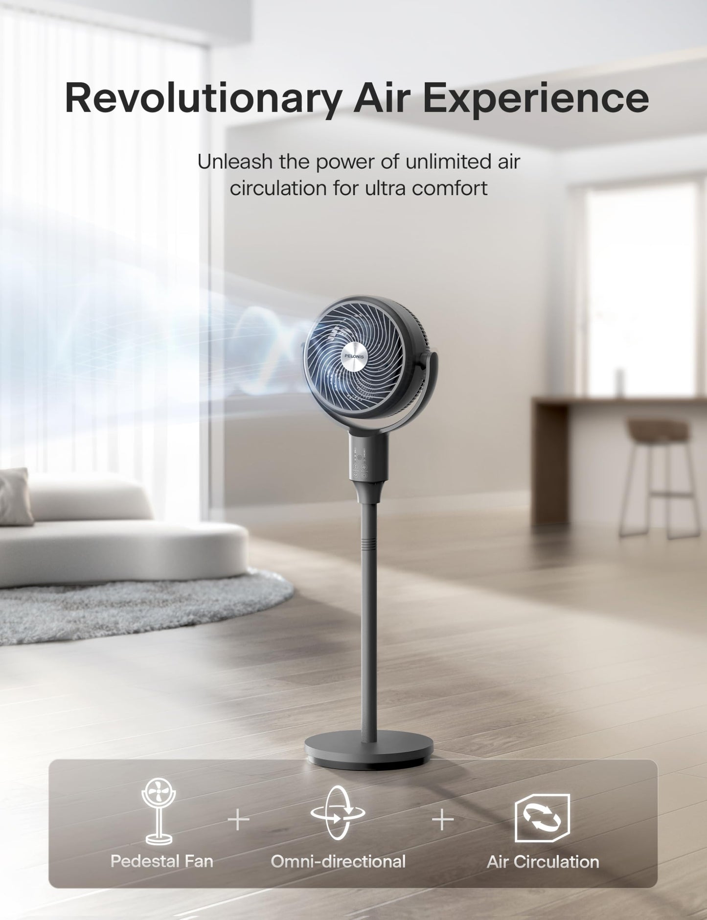 PELONIS Omni-Directional Air Circulator Fan with Remote, Grey Pedestal Fan