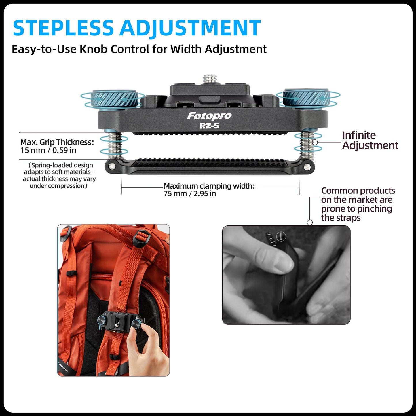 Fotopro RZ-5 Quick Release Camera Mount, Backpack Strap Mount with 1/4 Screw, Adapter for DSLR/Mirrorless Camera Tripod Stabilizer Handheld Gimbal