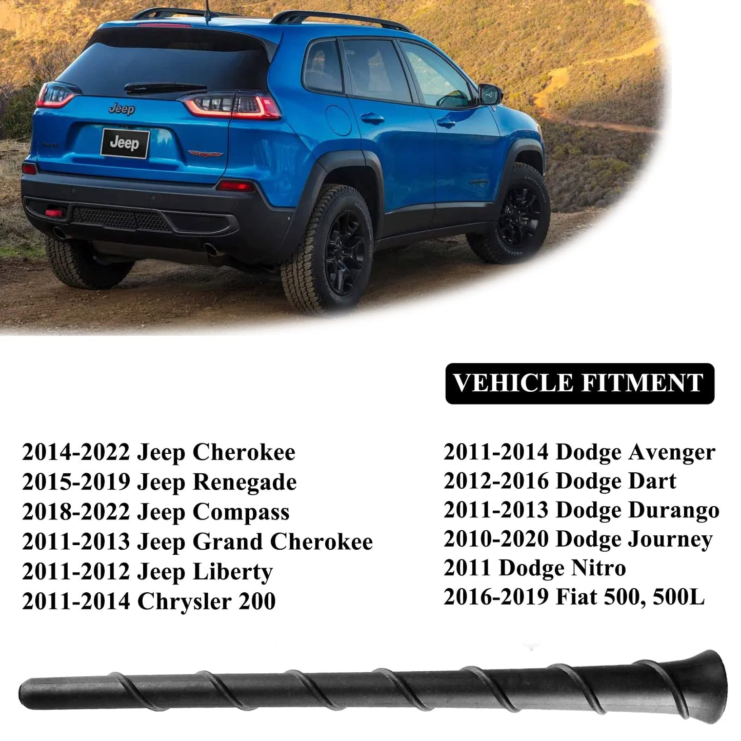 E-Vniko 8'' Inch Roof Antenna Mast Compatible for 2011-2022 Jeep Cherokee Grand Cherokee Dodge Durango Dart Journey Chrysler 200 Replacement Back