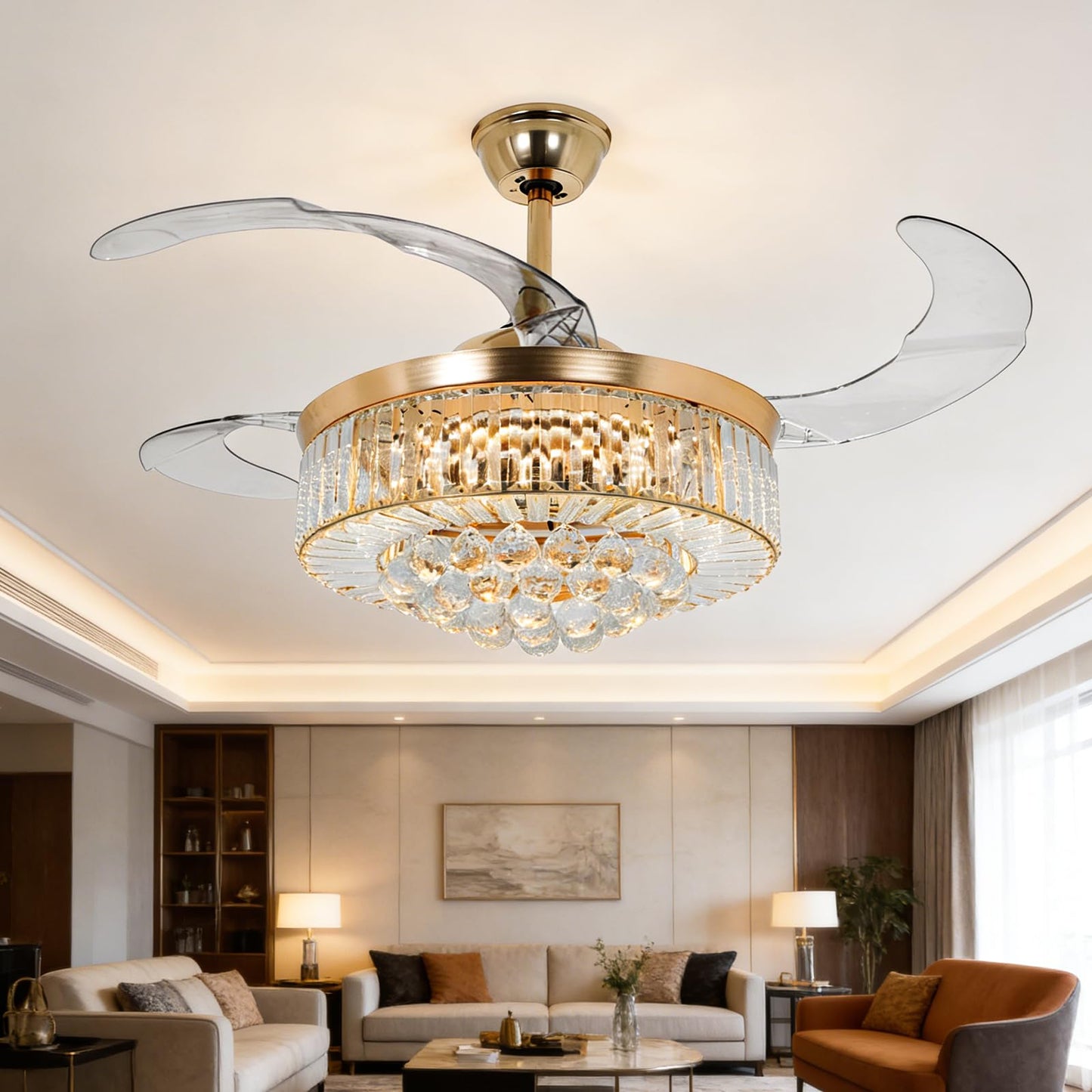 RuiWing Home 42" Crystal Fandelier Ceiling Fan with LED Light and Remote