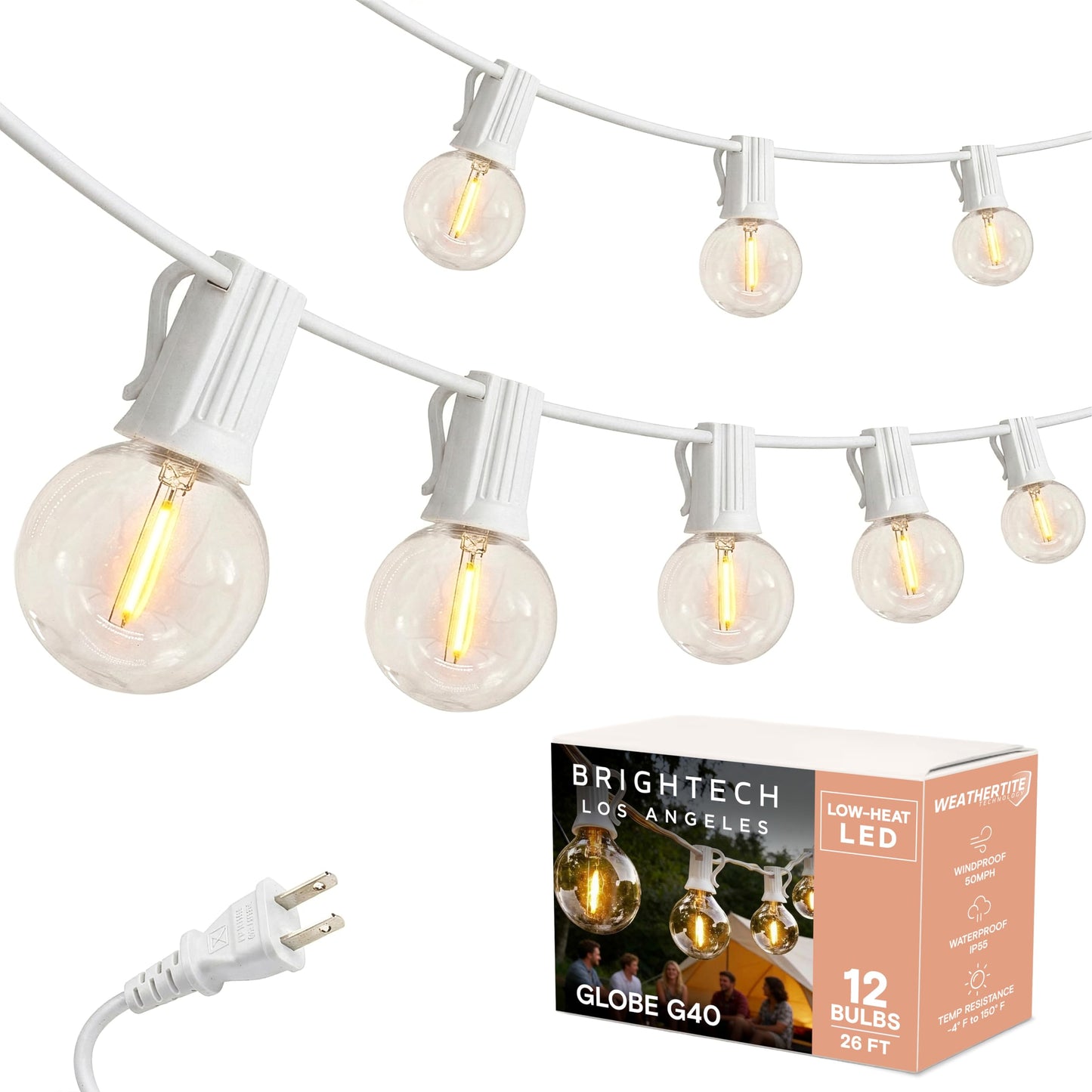 Brightech Ambience Pro LED String Lights - 26 Ft Commercial Grade Patio Lights Outdoor Waterproof - 12 Globe Porch String Lights for Outside, Backyard