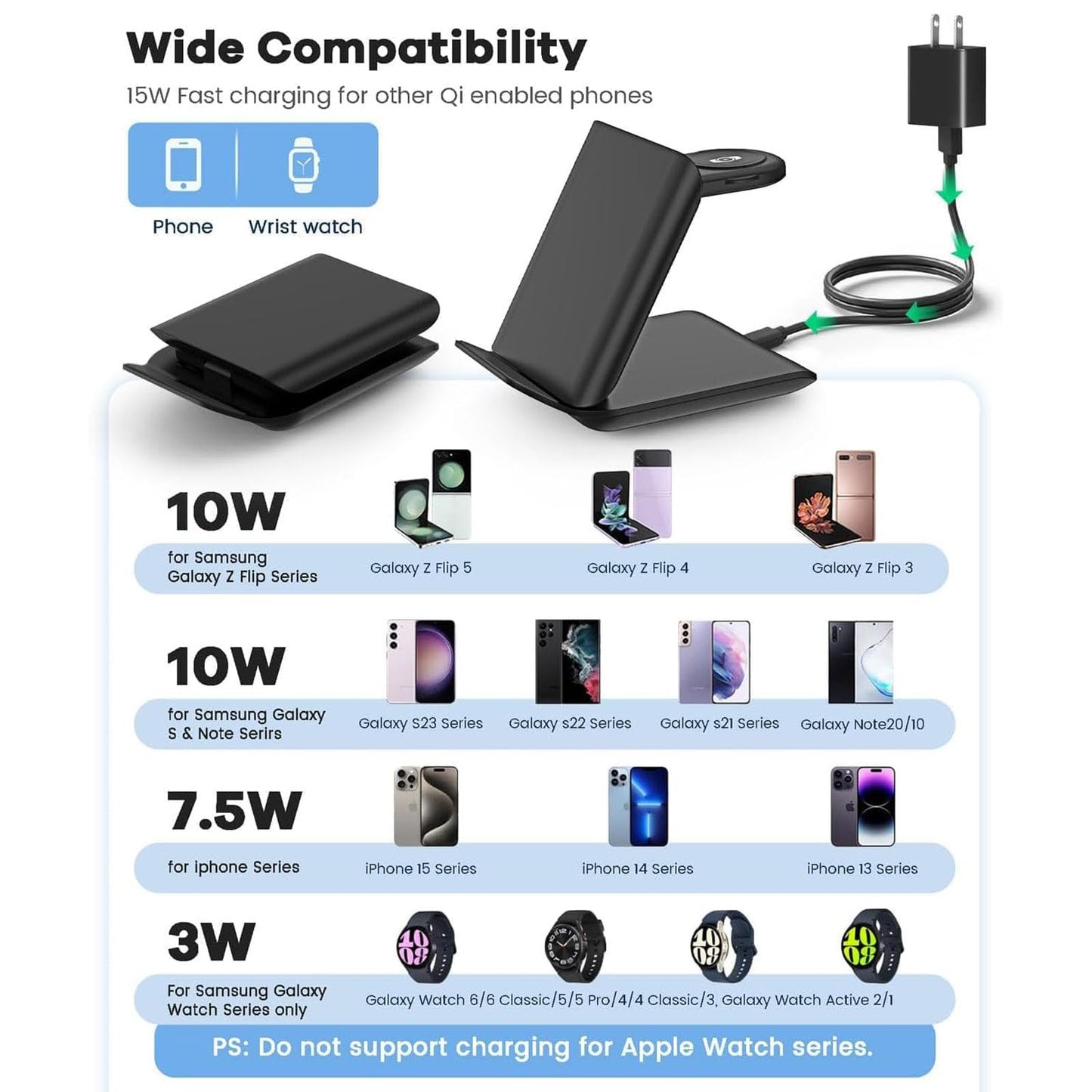 Wireless Charger for Samsung Galaxy z Flip & Watch Combo - 2 in 1 Foldable Wireless Charging Station for Flip 7/6/5/4, Motorola Razr+, Galaxy Watch