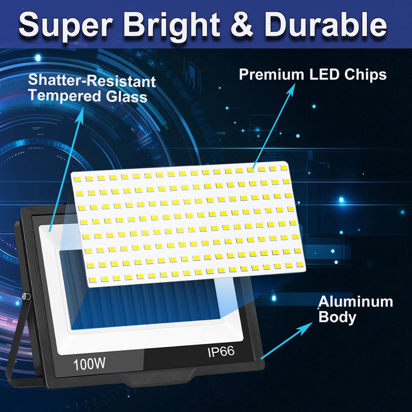 2-Pack 100W LED Flood Light Outdoor, 10000LM Bright Plug-in Flood Lights with Switch, IP66 Waterproof Exterior Security Lights, LED Work Light