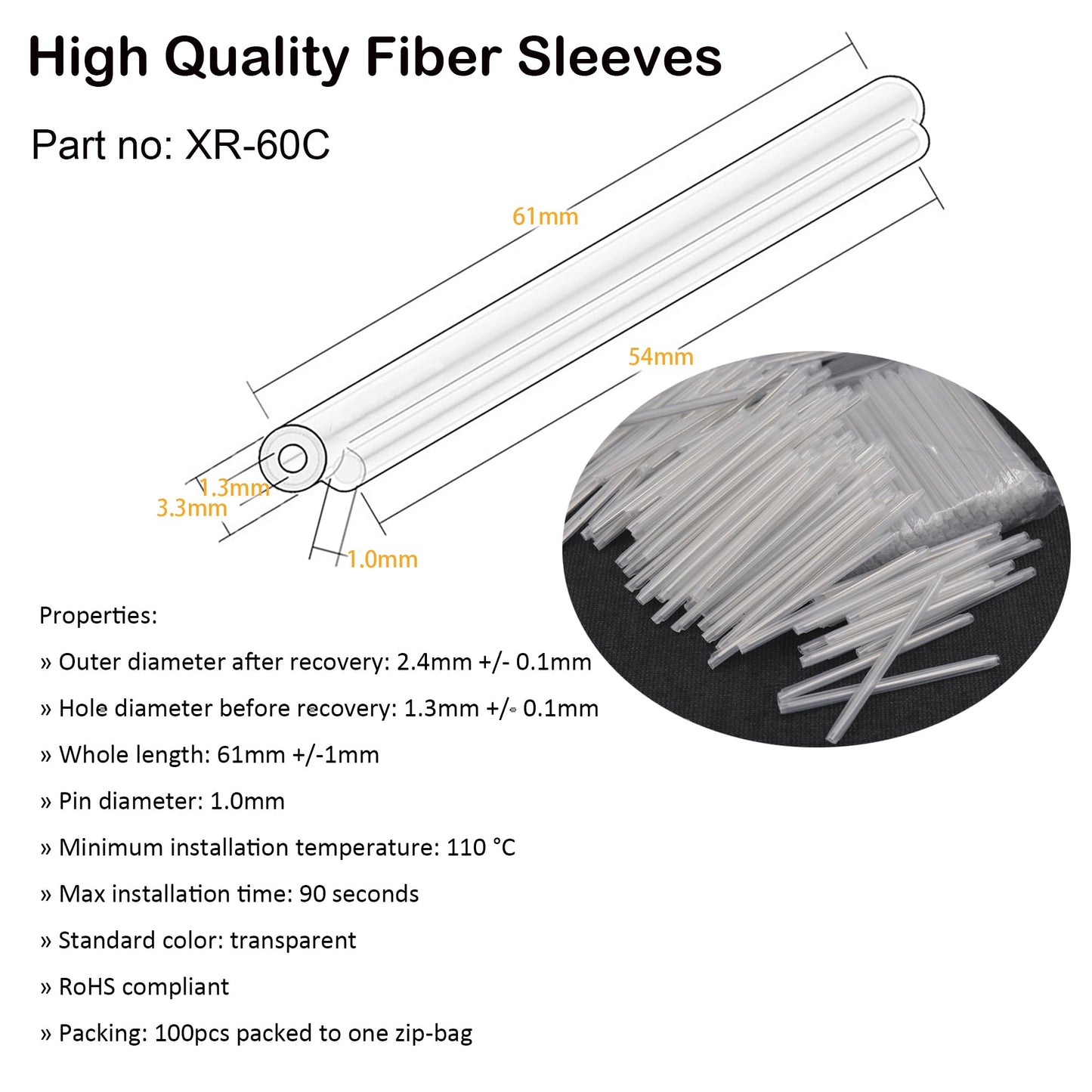 Hagietek Fiber Optic Fusion Splice Protection Sleeve Clear for Single Fiber OD2.4mm 60mm After Shrinking- 100PCS