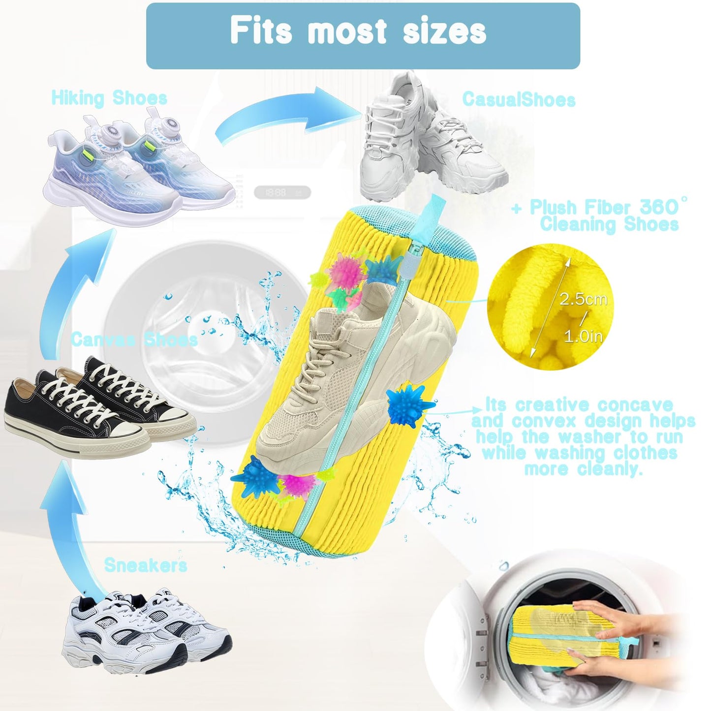 Mowtential 2-Pack Shoe Washing Machine Bag Kit – Reusable with 2 Drying Racks & 12 Cleaning Balls, Quick Sneaker & Tennis Cleaner, Yellow