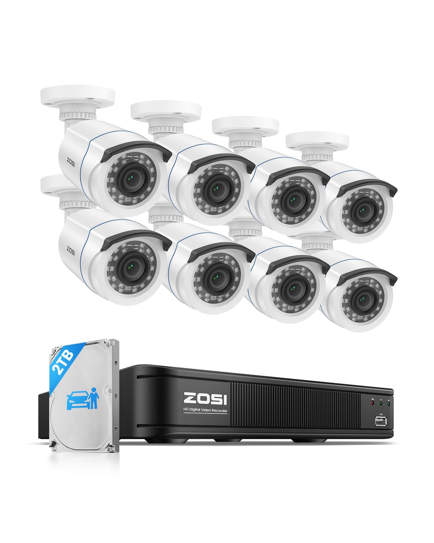 ZOSI 1080P H.265+ Home Security Camera System with AI Human Vehicle Detection, 5MP 3K Lite 8 Channel CCTV DVR Recorder with 2TB Hard Drive and 8 x