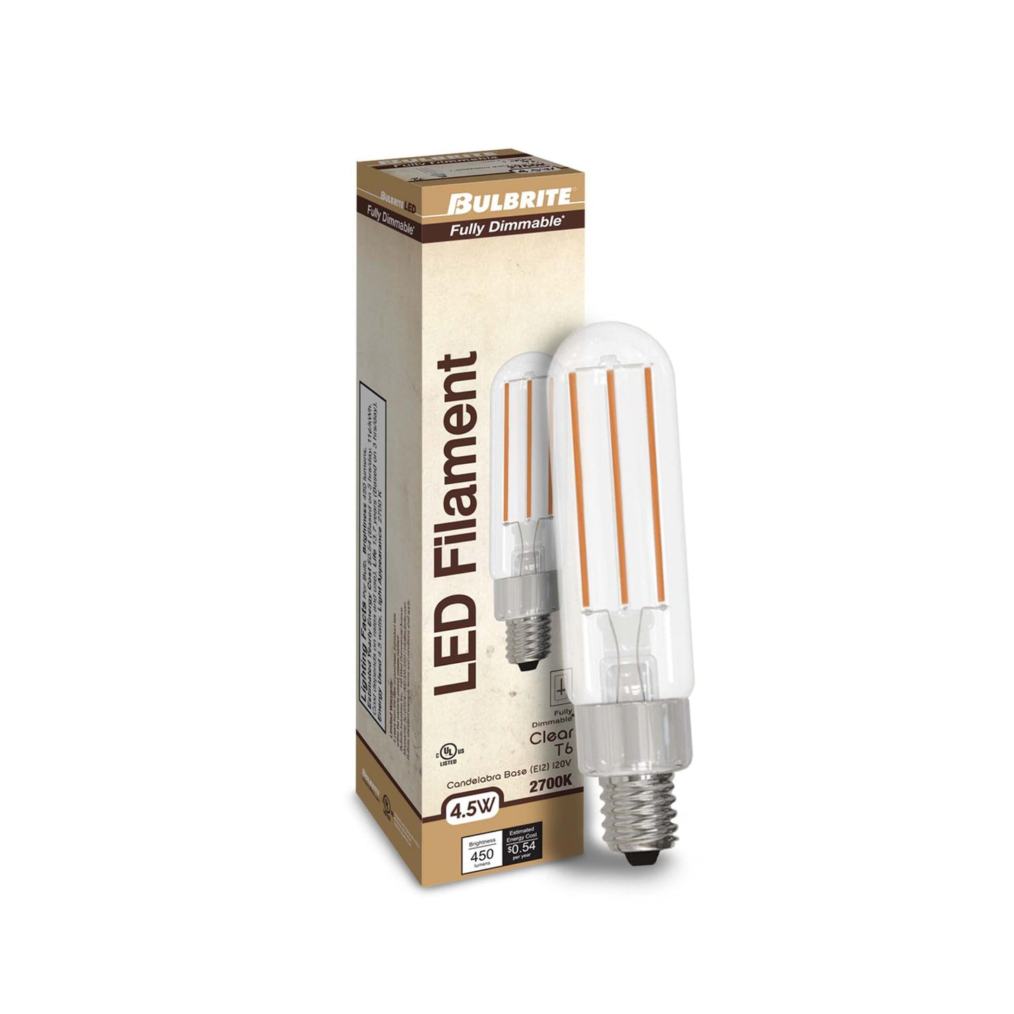 Bulbrite LED T6 Filament Light Bulb, E12 Candelabra Base, 2700k Color Temp Warm Light, 450 Lumens Uses Only 4.5 Watts - (4 Pack)