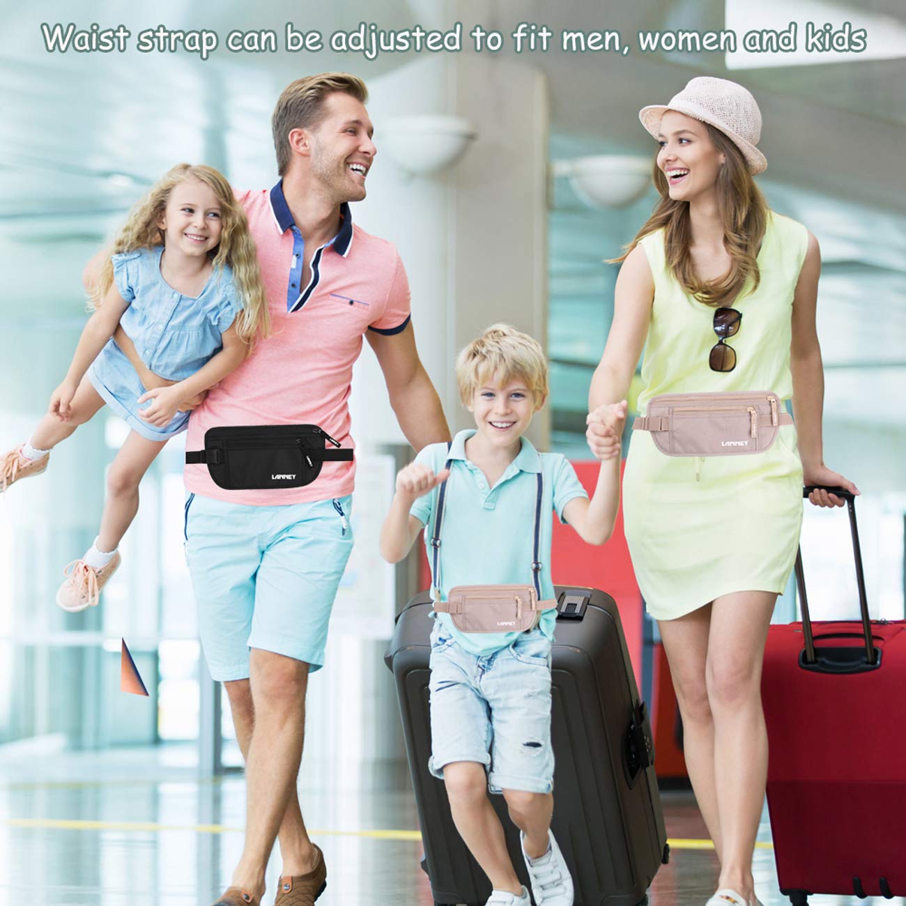 Slim RFID Blocking Money Belt for Travel, Hidden Pouch for Passport, Cash, Cards with 10 RFID Sleeves for Men & Women