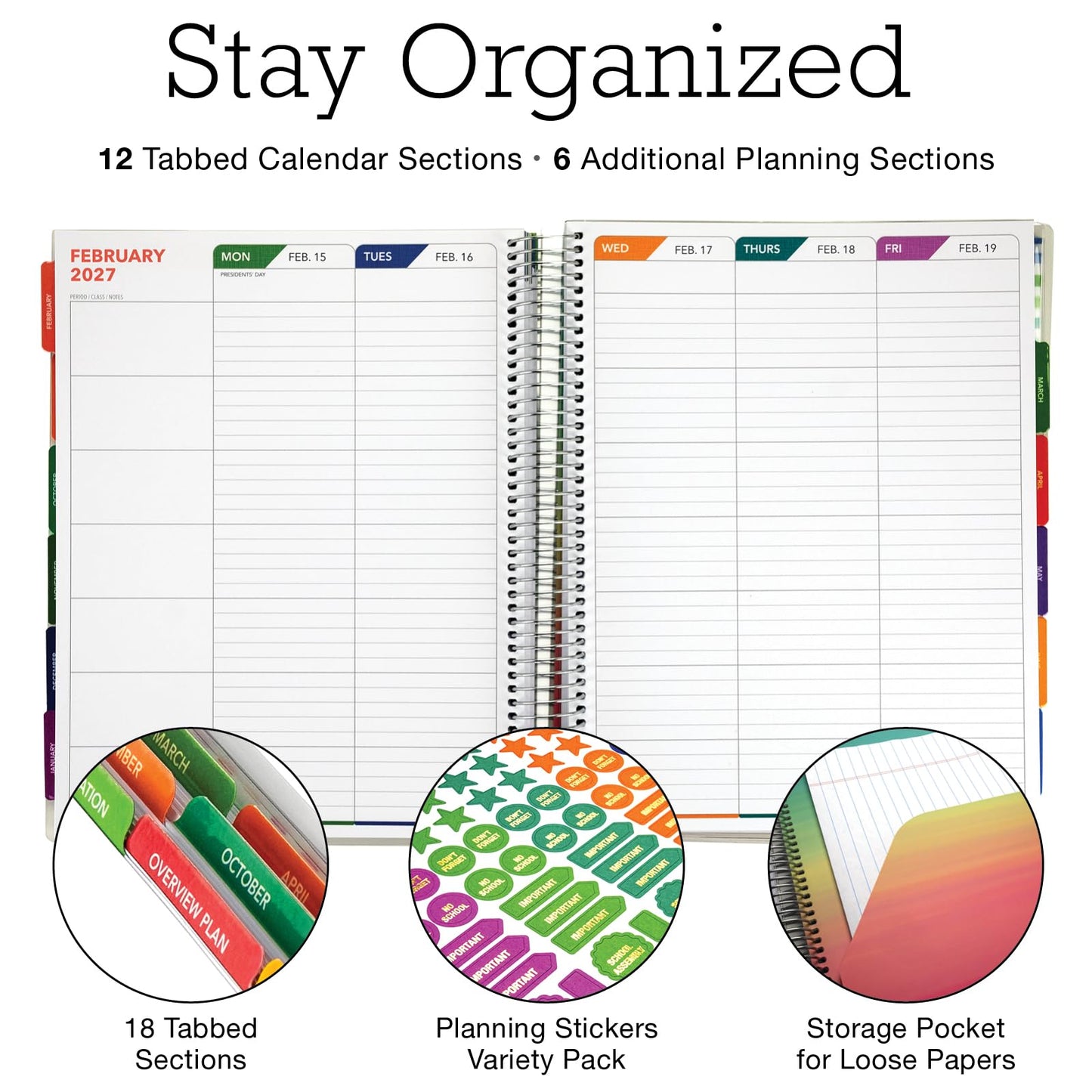 DELUXE TEACHER PLANNER Aug 2026-Jul 2027 8.5x11 Daily Weekly Monthly Organizers with 7 Periods, Pocket Folder, Dated Calendar, Page Tabs, Bookmark