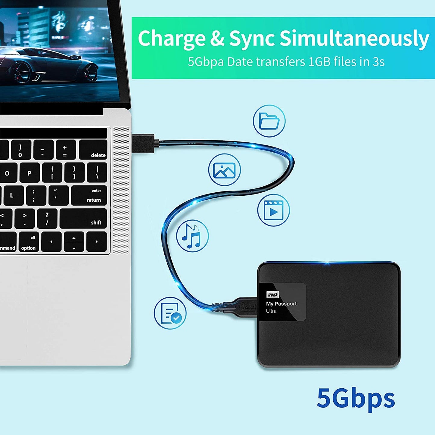 VARTHUS Micro USB 3.0 Cable,USB A to Micro B Cord External Hard Drive Cable for Date Transfer Super Speed 5Gbps Power Delivery (2Feet)