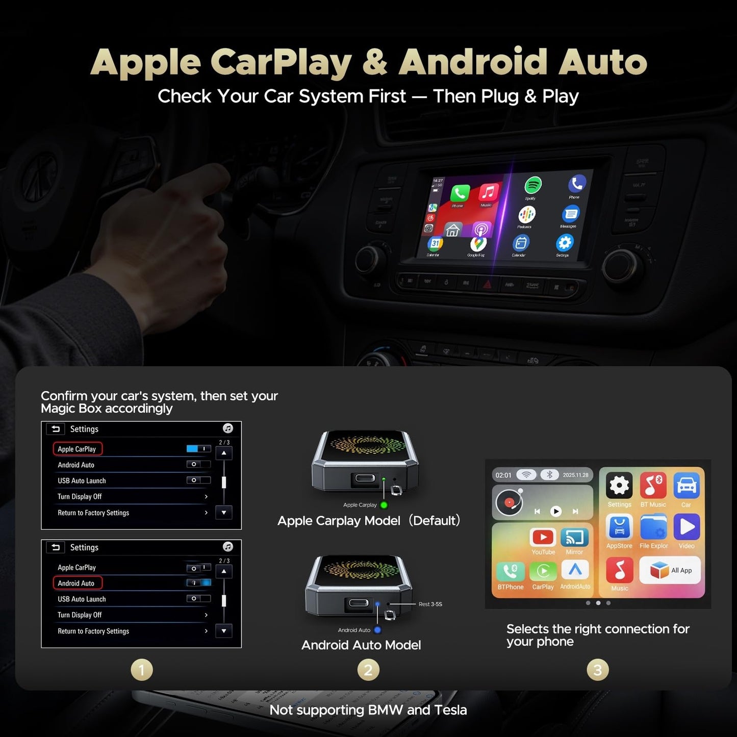 TOGUARDGO 3-in-1 Wireless Carplay Adapter Magic AI Box with YouTube TikTok APPs Upgrade Wired Car Play to Wireless Support USB Drive for iPhone 10+