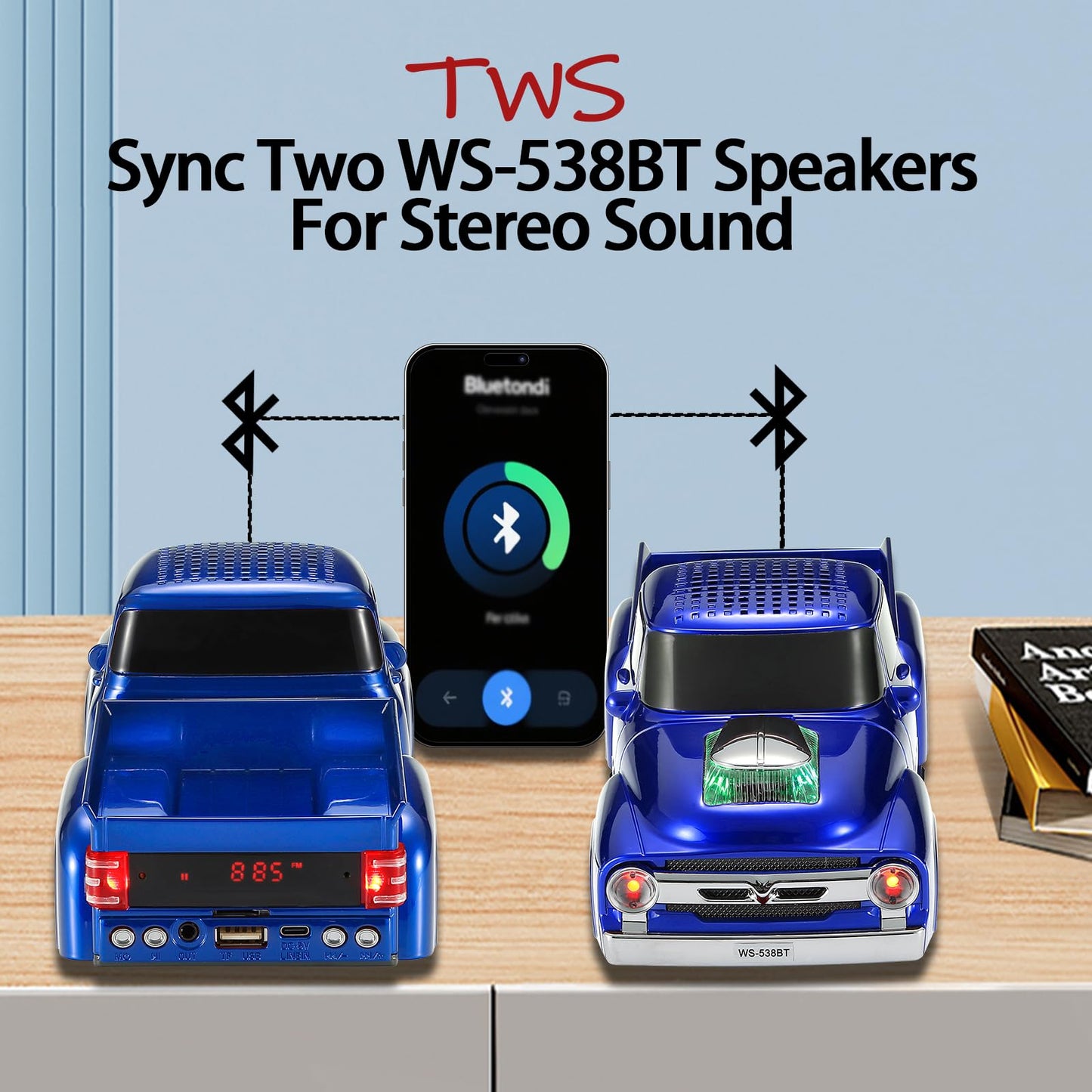 WSTER WS-538 Retro Pickup Truck Bluetooth Replica Speaker - Portable Wireless Car Model Speaker with FM, TWS, LED Party Lights, USB/TF Playback