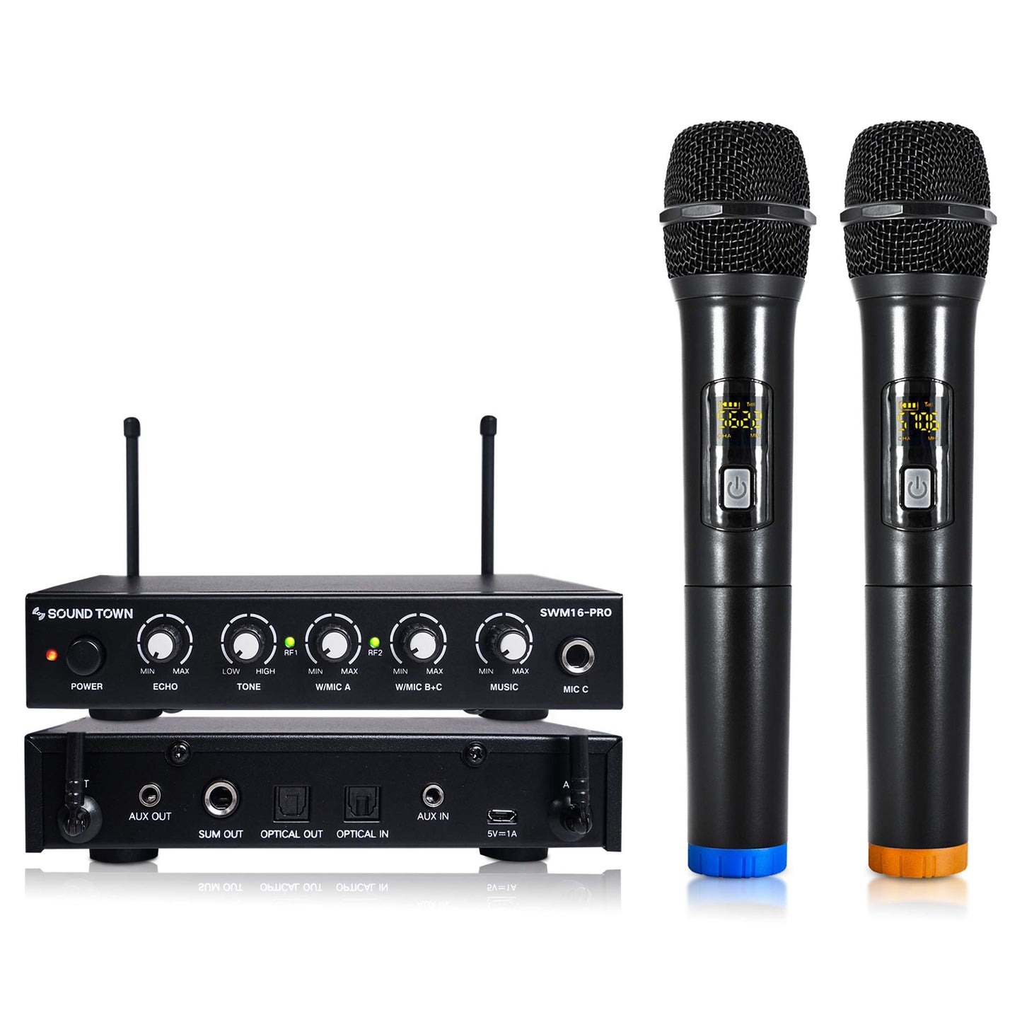 Sound Town 16 Channels Wireless Microphone Karaoke Mixer System with Optical (Toslink), AUX and 2 Handheld Microphones - Supports Smart TV, Home