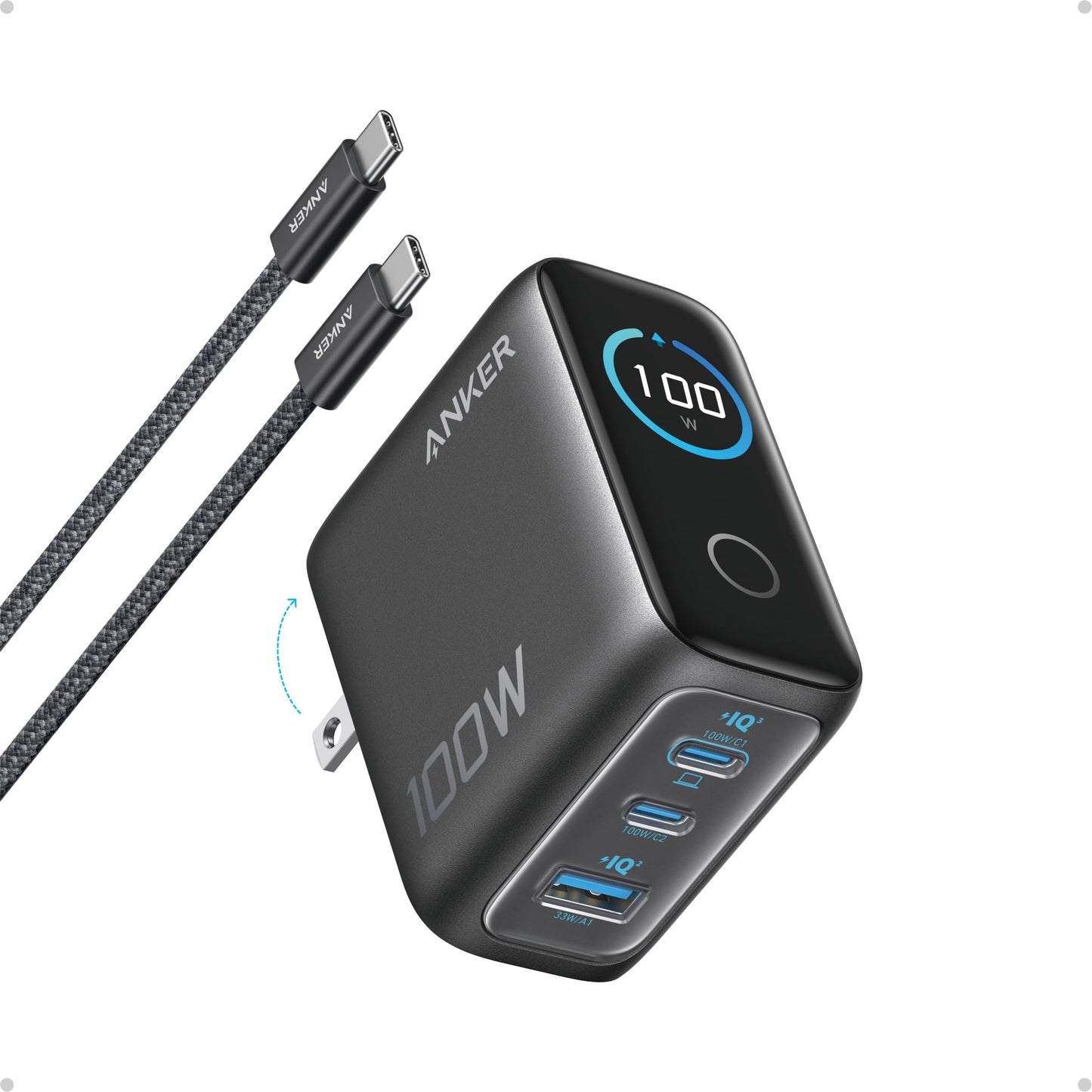 Anker Phone Charger,UP to 100W USB C Charger Block,Ultra-Compact 3-Port GaN Fast Wall Adapter with Smart Display and Touch Control for iPhone 17