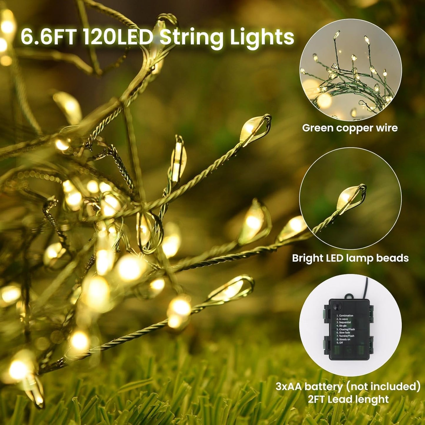 Dailyart 6feet 120 LED Starry Lights, Battery Operated Waterproof Dark Green Copper Wire Fairy Light String Light for Garland, Wreath, Patio, Garden