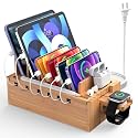 Pezin & Hulin Bamboo Charging Station for Multiple Devices with 5 Port USB Charger, 5 Cables and Watch Stand. Wood Desktop Docking Stations Organizer