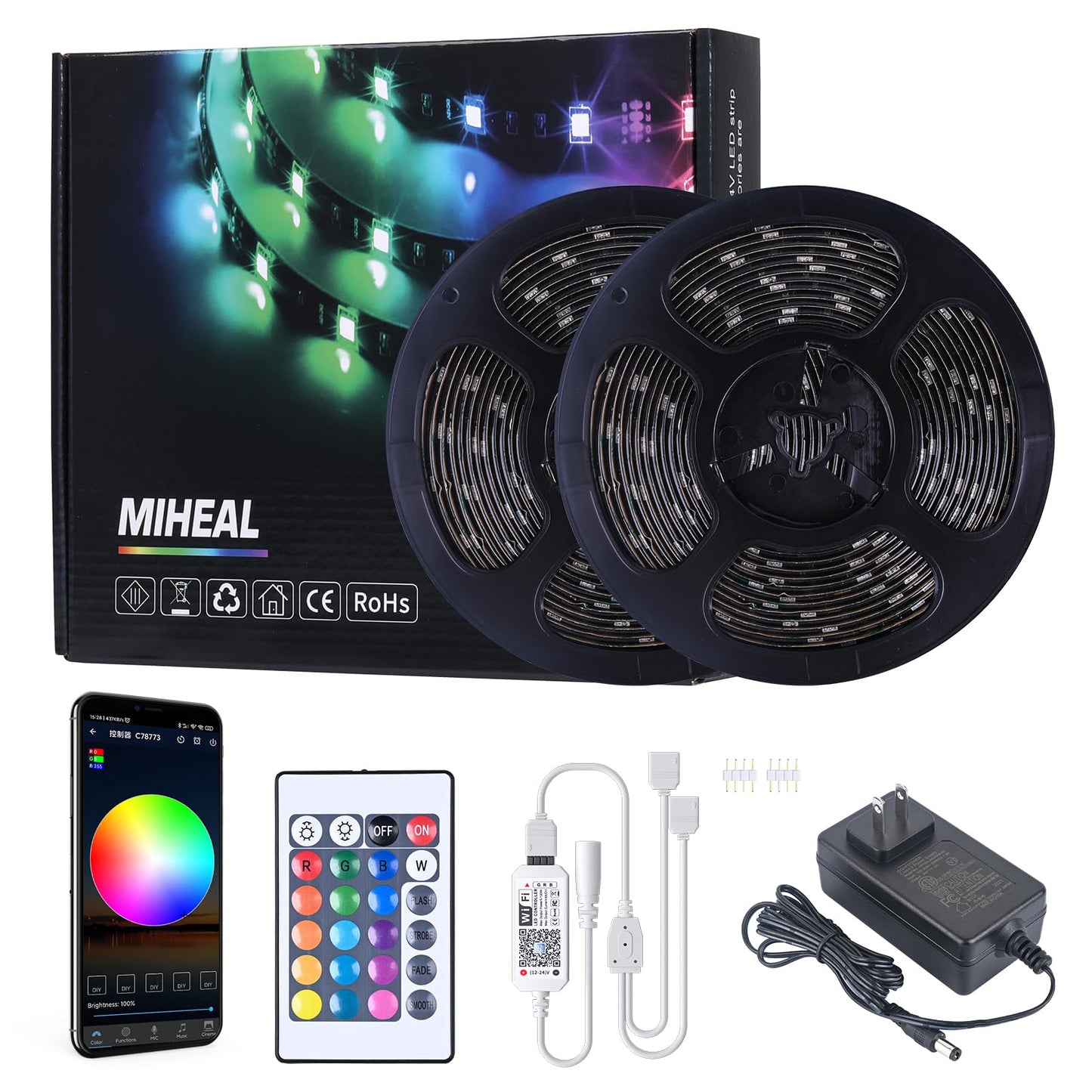 MIHEAL WiFi Wireless Smart Phone Controlled Led Strip Light Kit with DC12V UL Listed Power Supply Waterproof SMD 5050 32.8Ft(10M) 300leds RGB Music
