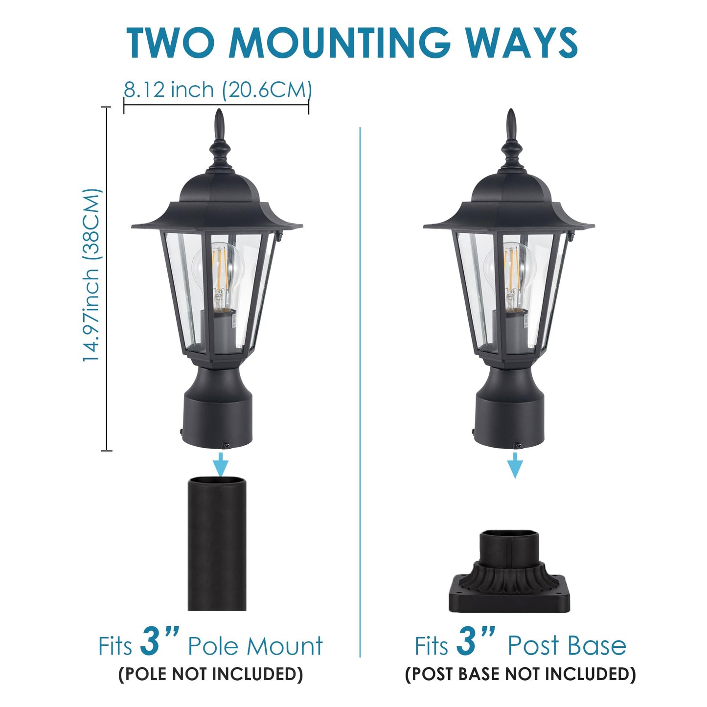 GRUENLICH Outdoor Post Light, Black Waterproof Lamp Post Lights Fxiture, Aluminum Pole Lantern for Outside Yard Pathway Garden, 2 Pack