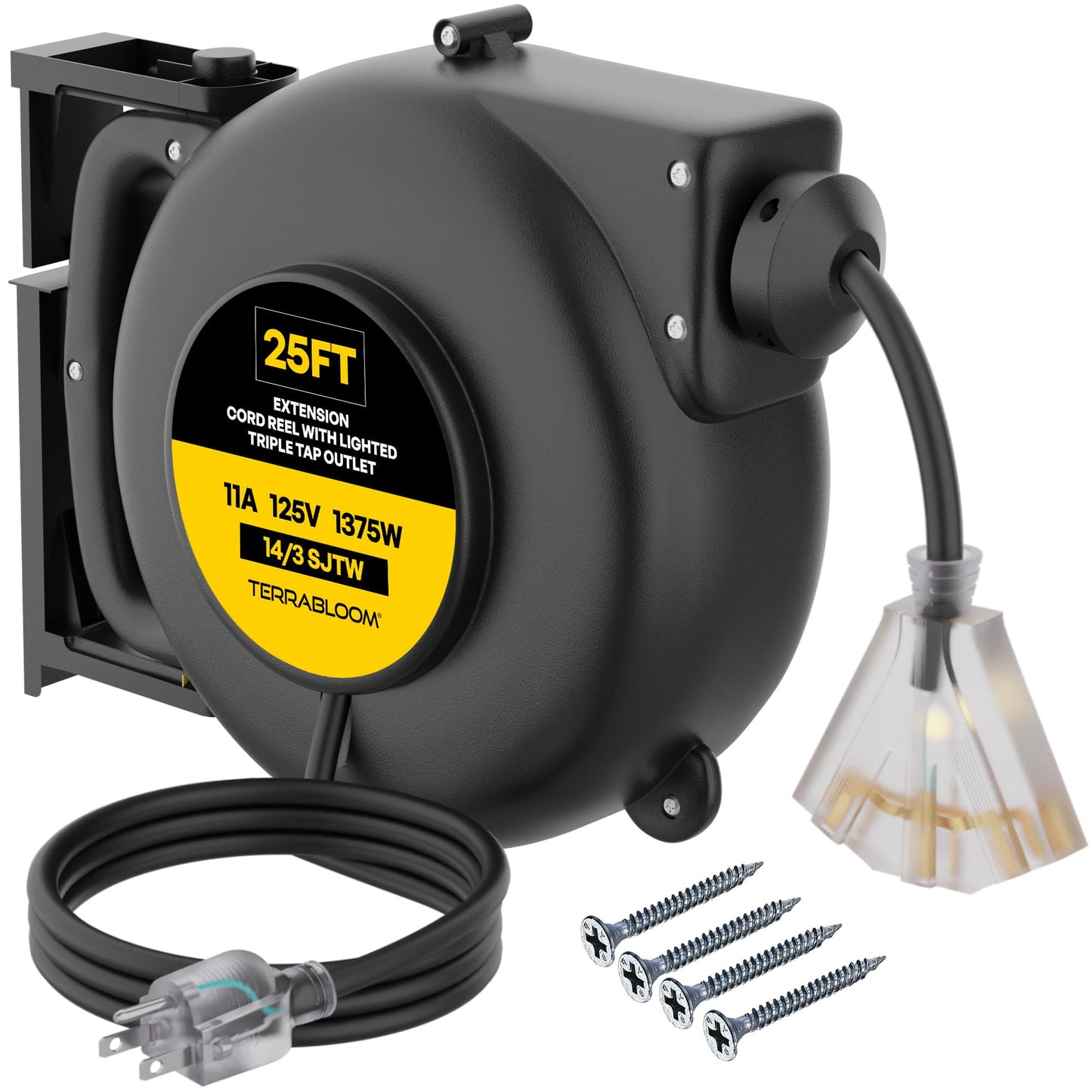TerraBloom Retractable Extension Cord Reel with Light Indicator - 14/3 Cord Reel 45 ft - Triple Outlet Electric Cord Reel - Wall Mounted Retractable