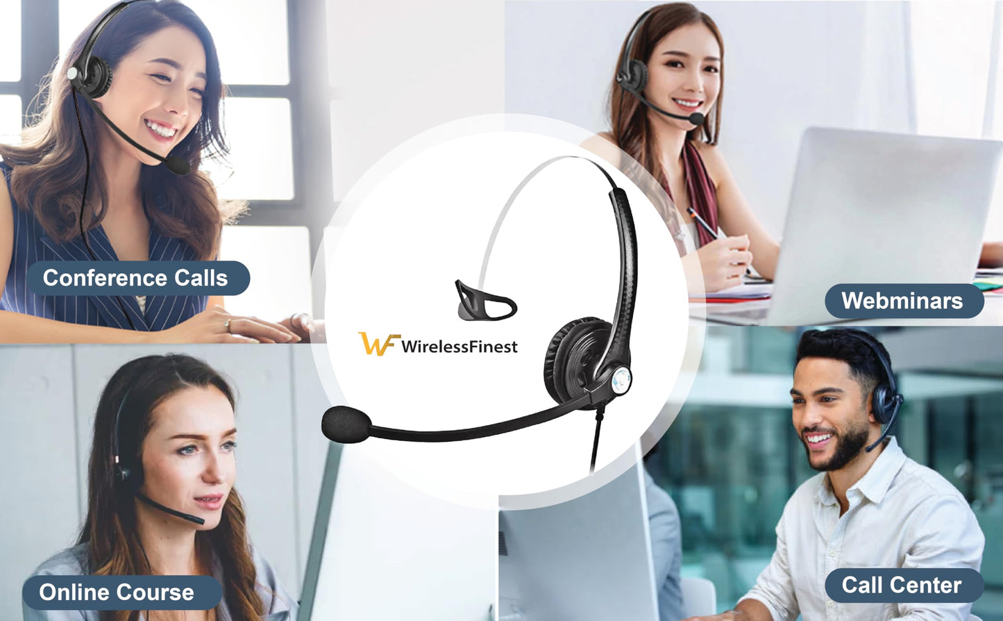 WirelessFinest USB Plug Hands-Free Call Center Noise Cancelling Corded Monaural Headset Headphone with Mic Mircrophone for Both Office PC VOIP